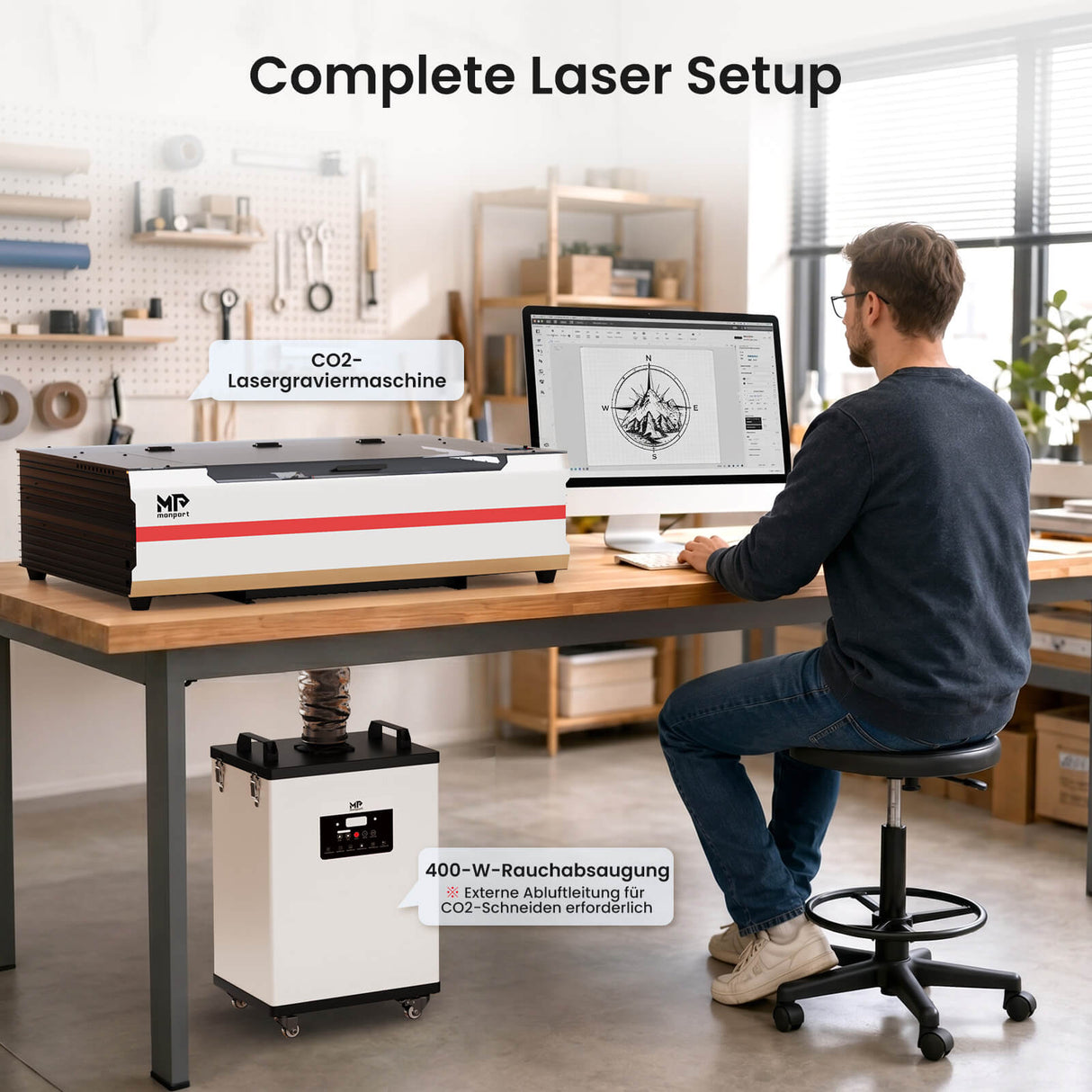 Monport 400W Laserrauchabsauganlage mit 8-stufigem Filtersystem – Für CO₂-Lasergravier- und Schneidemaschinen