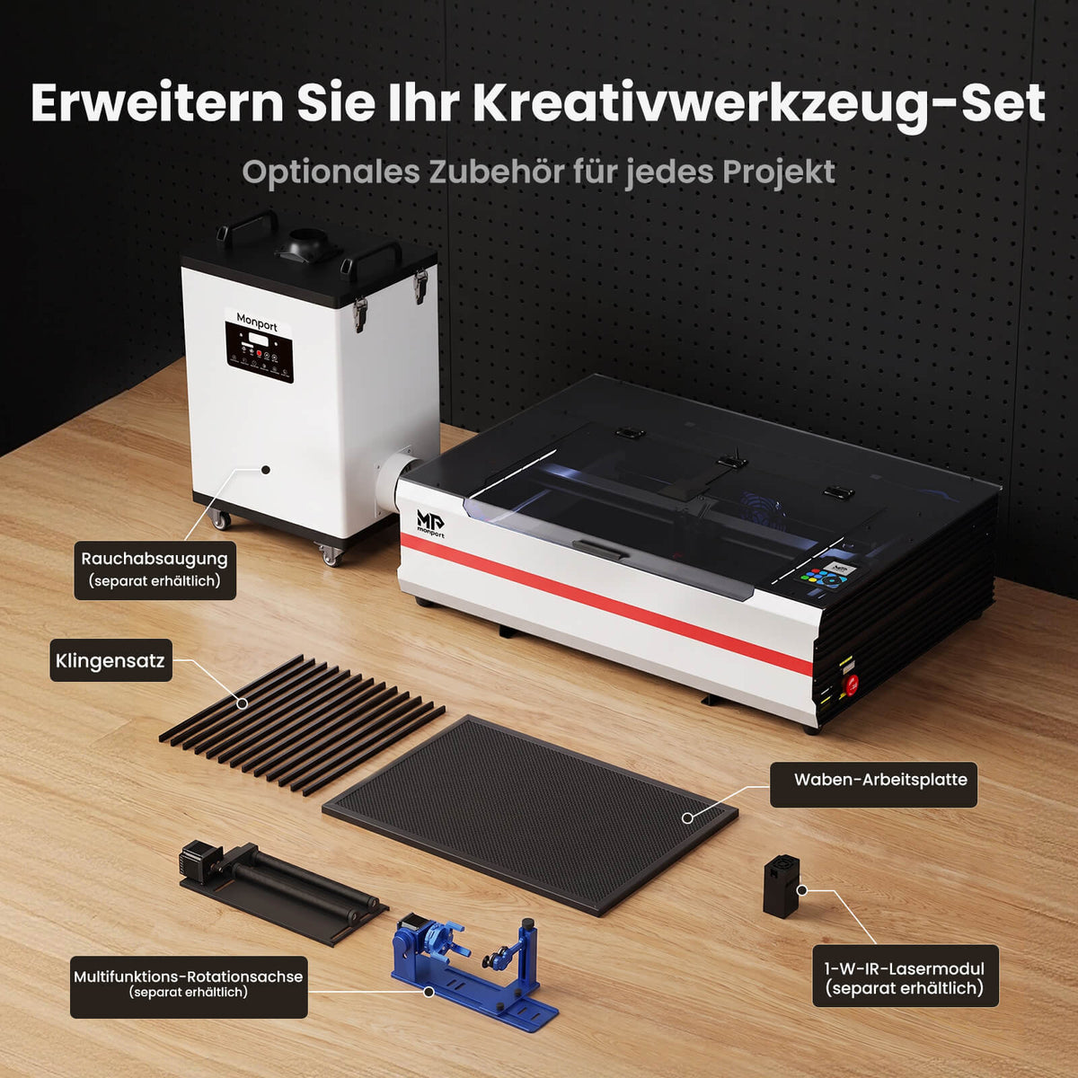 Monport Reno65 Pro Vision 65W Desktop CO₂ Lasergravierer & Laserschneider (24" x 16") mit 8MP HD-Kamera, magnetischem Autofokus und integriertem Wasserkühlsystem
