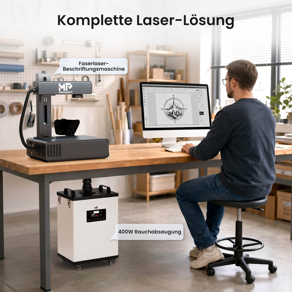 Monport 400W Laserrauchabsauganlage mit 8-stufigem Filtersystem – Für CO₂-Lasergravier- und Schneidemaschinen
