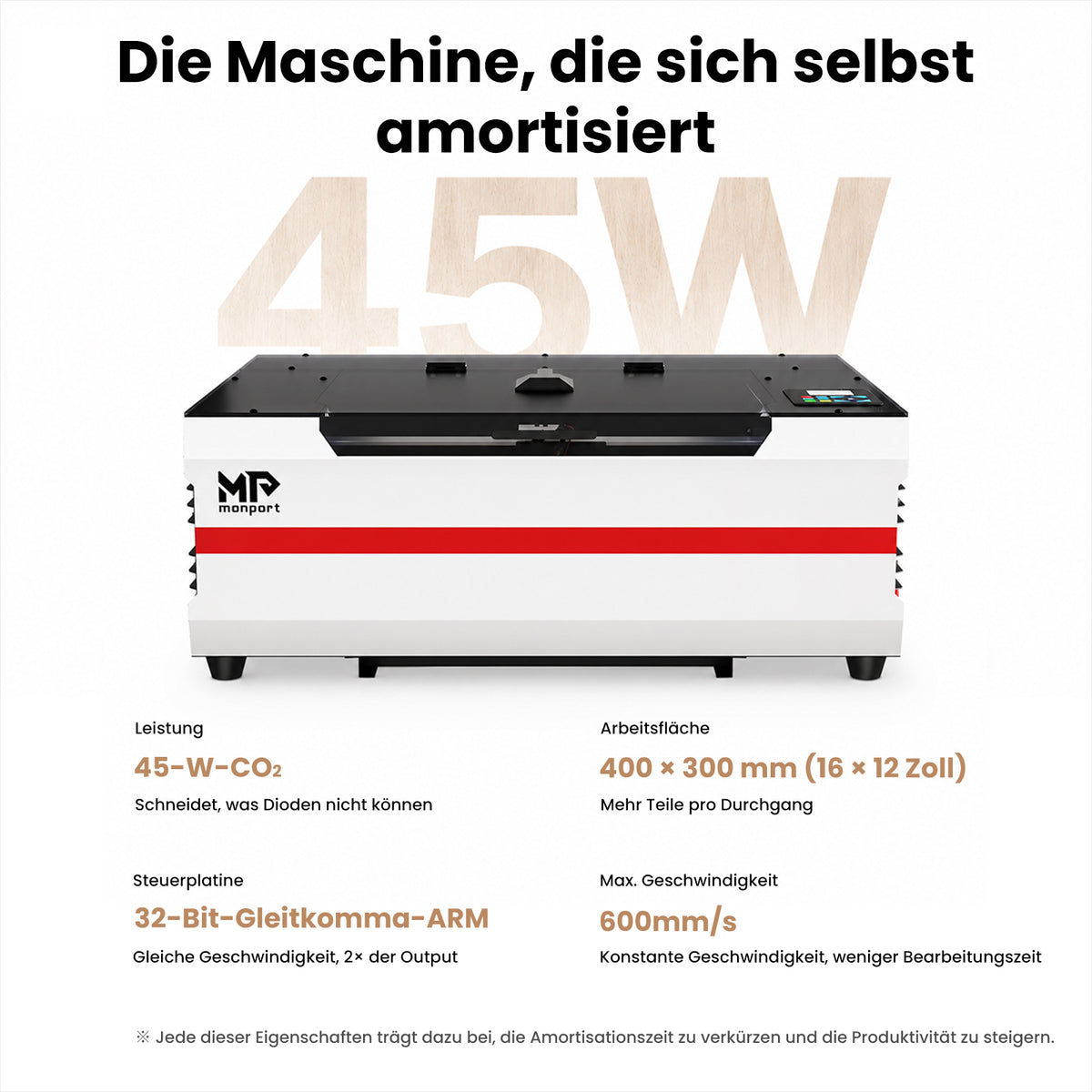 Monport Reno45 Pro Vision 45W Desktop CO₂-Lasergravierer und -Schneider (16" x 12") mit 8MP HD-Kamera, Assistierter Autofokus-Unterstützung und integrierter Wasserkühlung