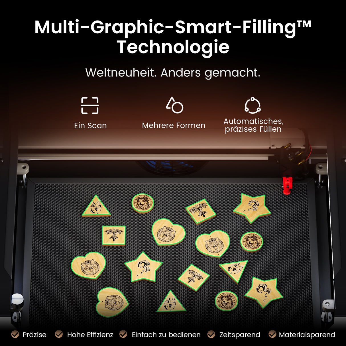 Monport Reno 65 Pro Desktop CO₂ Lasergravierer und Schneidemaschine (600x400mm) & 65 Pro Vision, ausgestattet mit einer 8MP HD-Kamera und intelligenter Auto-Fill-Funktion.