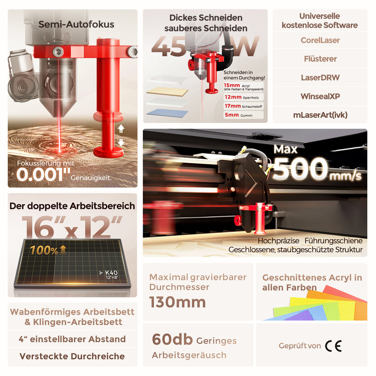 Monport Reno45 45W Desktop CO2-Lasergravierer und -schneider (16" x 12") mit brandneuem Assistierter Autofokus