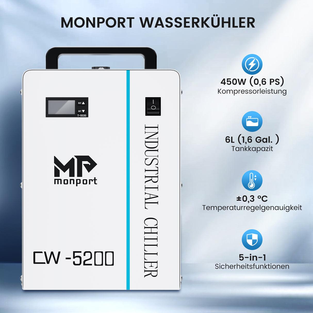Monport 6L CW-5200 Industrieller Wasserkühler & Chiller für 40W-150W CO2 Laser Cutter