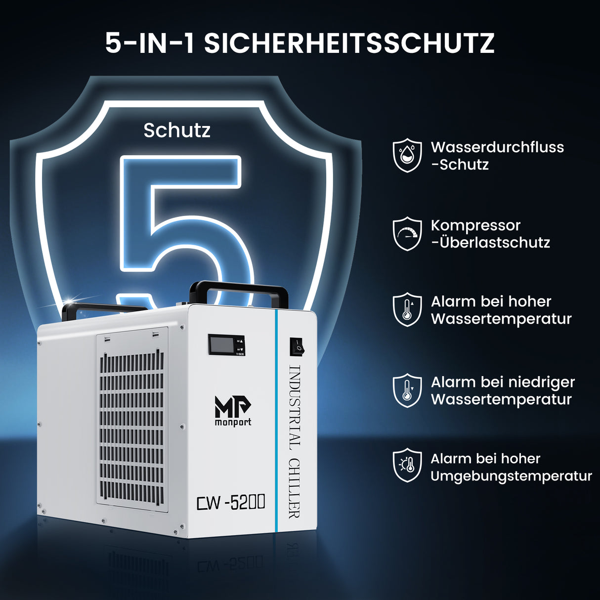 Monport 6L CW-5200 Industrieller Wasserkühler & Chiller für 40W-150W CO2 Laser Cutter