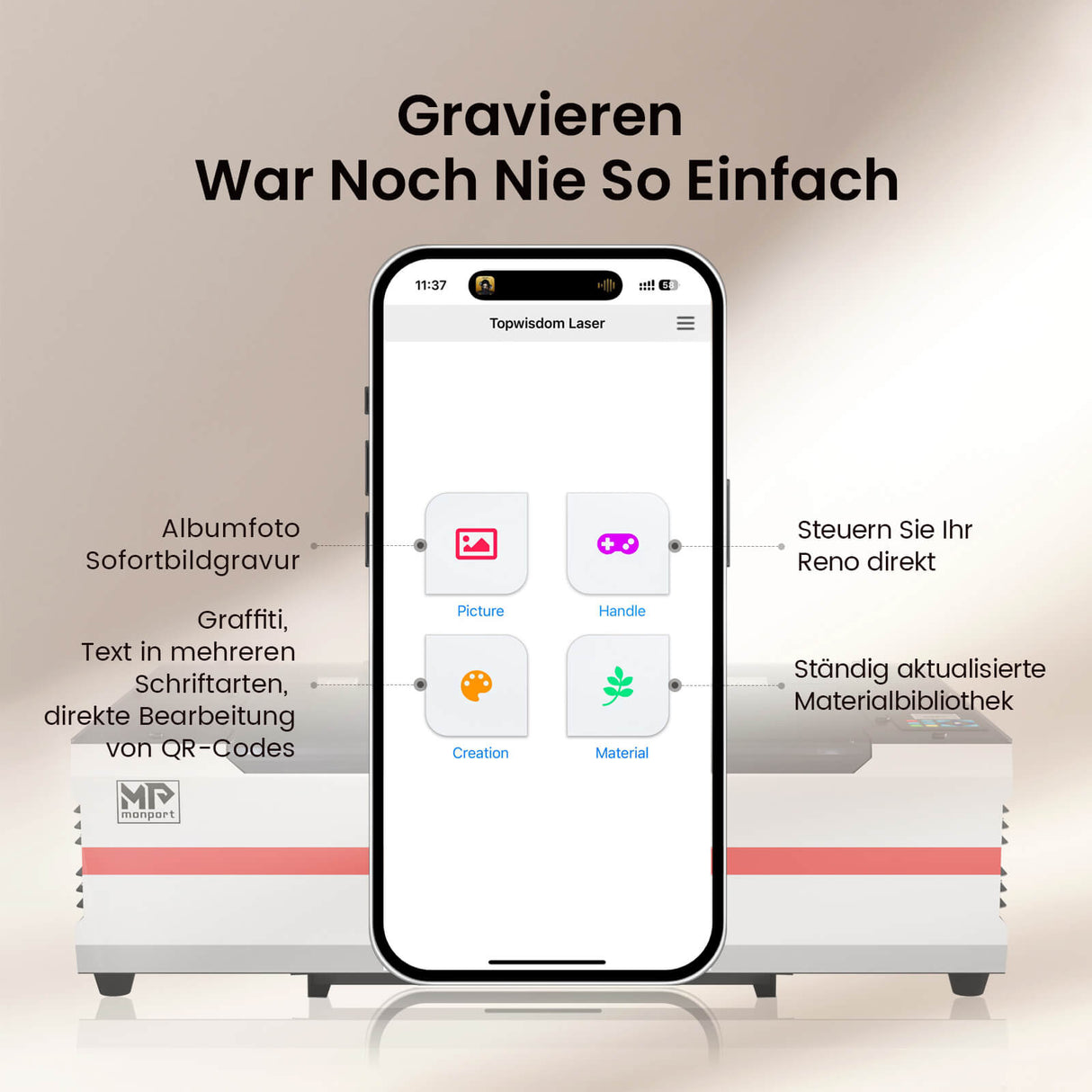 Monport Reno65 Pro 65W Desktop CO2 Lasergravierer & Schneidegerät (24”X16“) mit brandneuem DSP Controller und Assistierter Autofokus