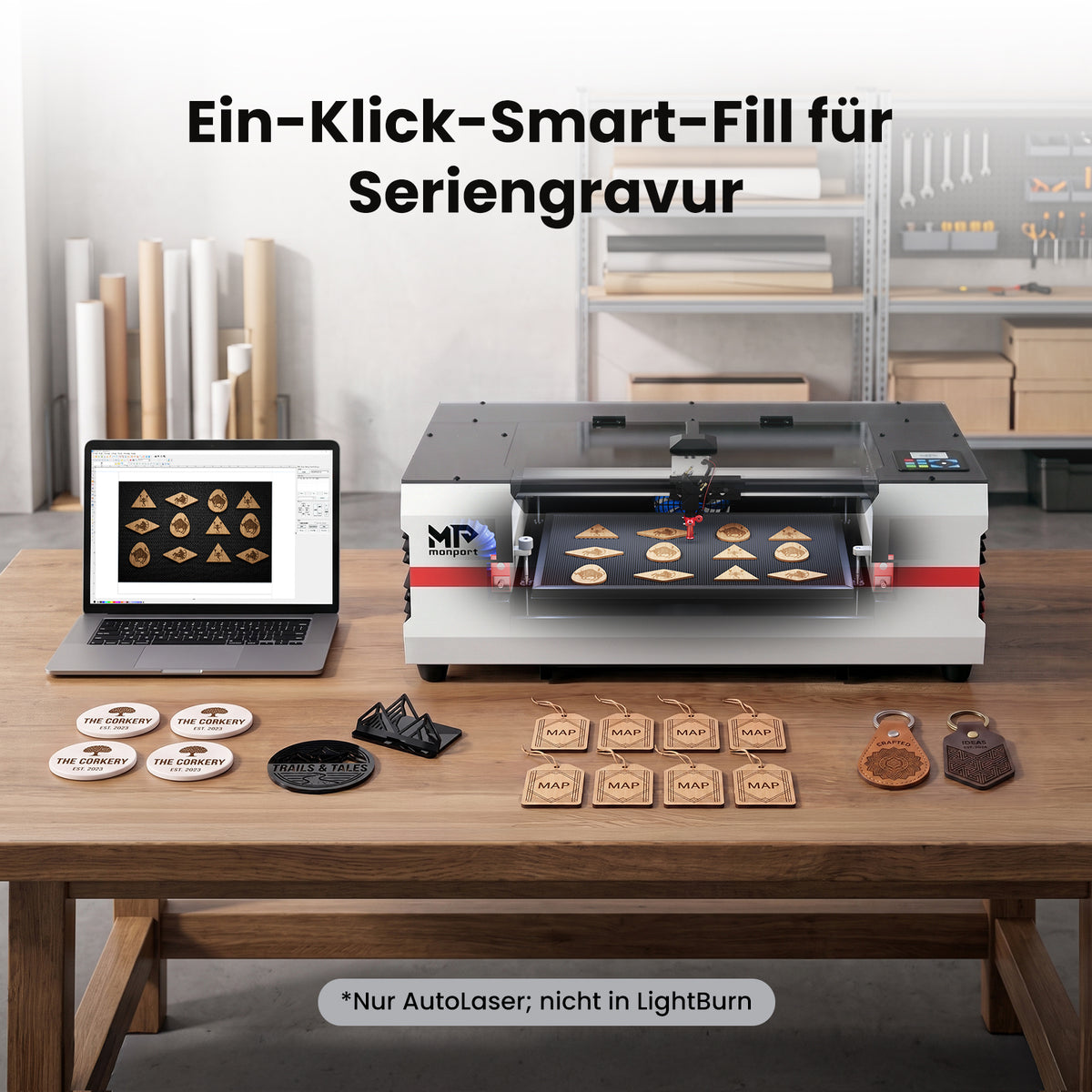 Monport Reno45 Pro Vision 45W Desktop CO₂-Lasergravierer und -Schneider (16" x 12") mit 8MP HD-Kamera, Assistierter Autofokus-Unterstützung und integrierter Wasserkühlung