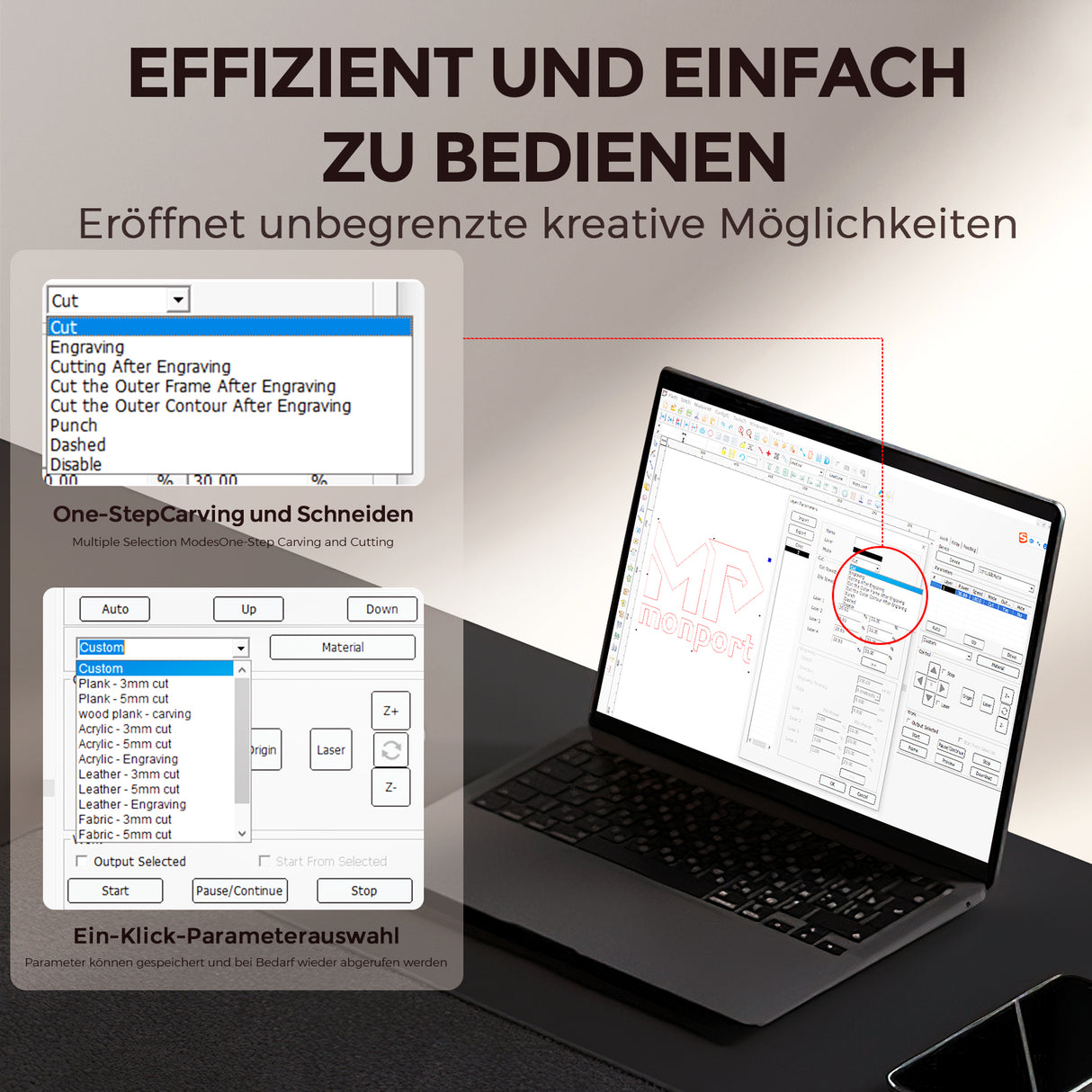 Monport Reno45 Pro 45W Desktop CO2-Lasergravierer und -schneider (16" x 12") mit brandneuem Assistierter Autofokus