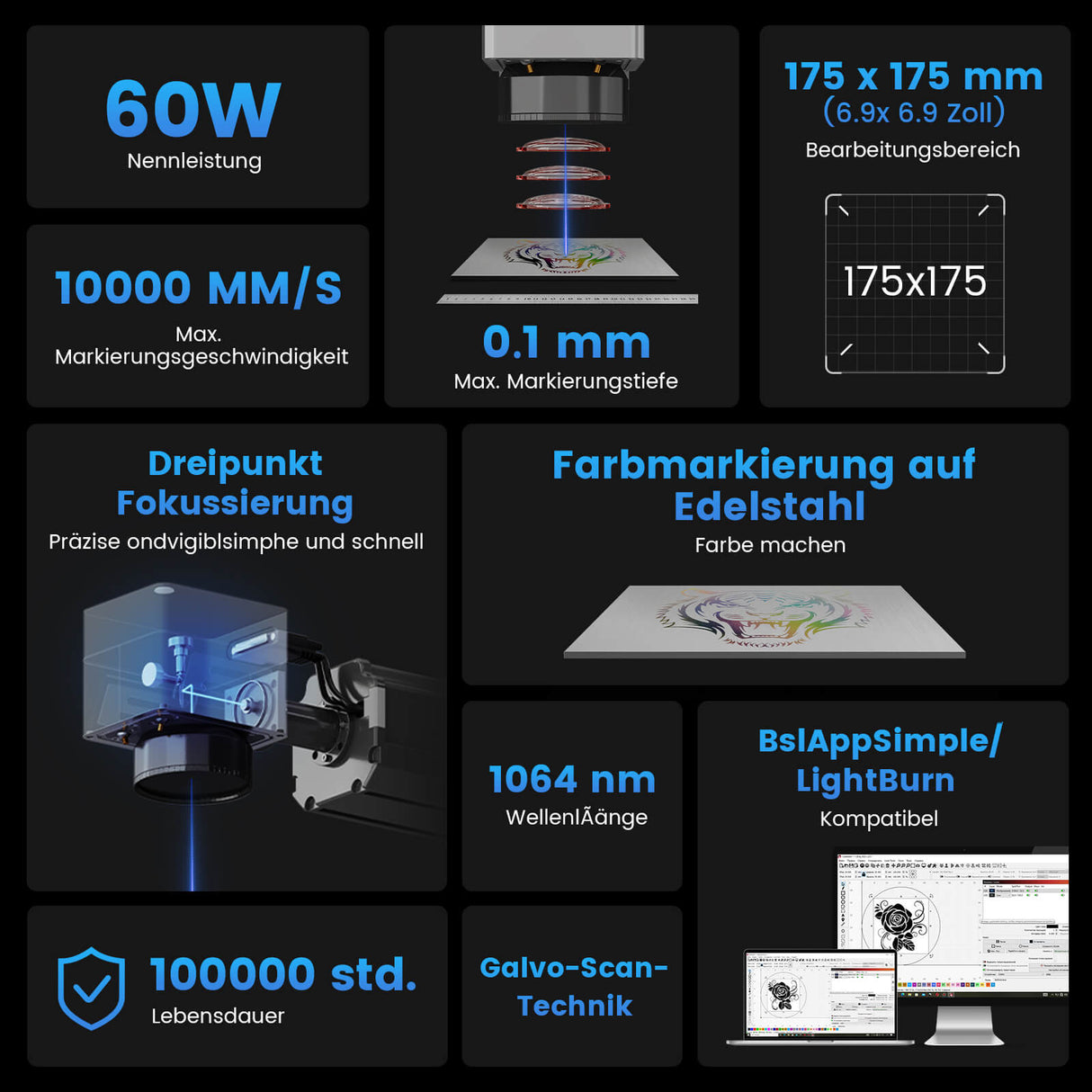 Monport 60W (175 x 175 mm) GPro MOPA Faserlaser Gravier & Markiermaschine mit manuellem Fokus