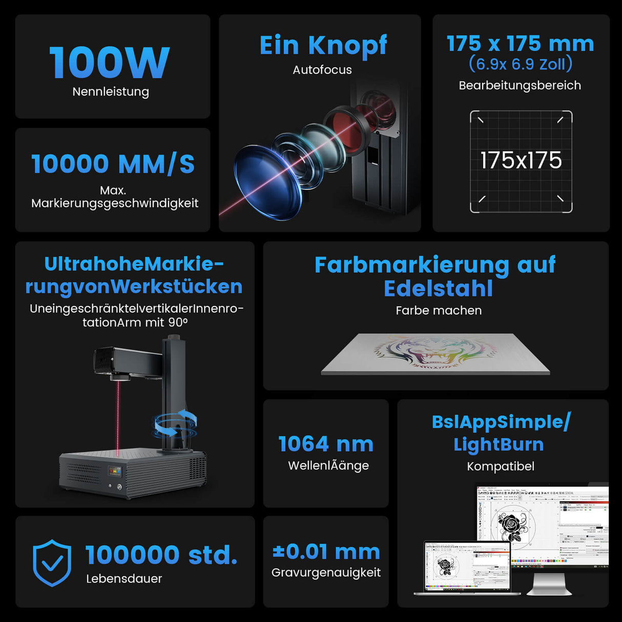 Monport GA Verbesserte 100W Integrierte MOPA Faserlasergravierer & Markiermaschinen mit Autofokus
