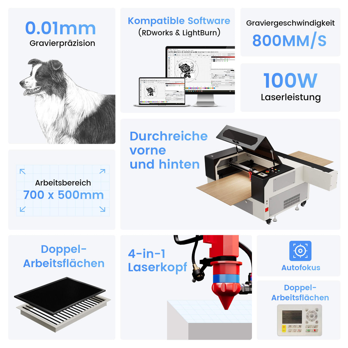 Monport 100W CO2 Laser Graviermaschine & Cutter (500x700mm) mit Autofokus