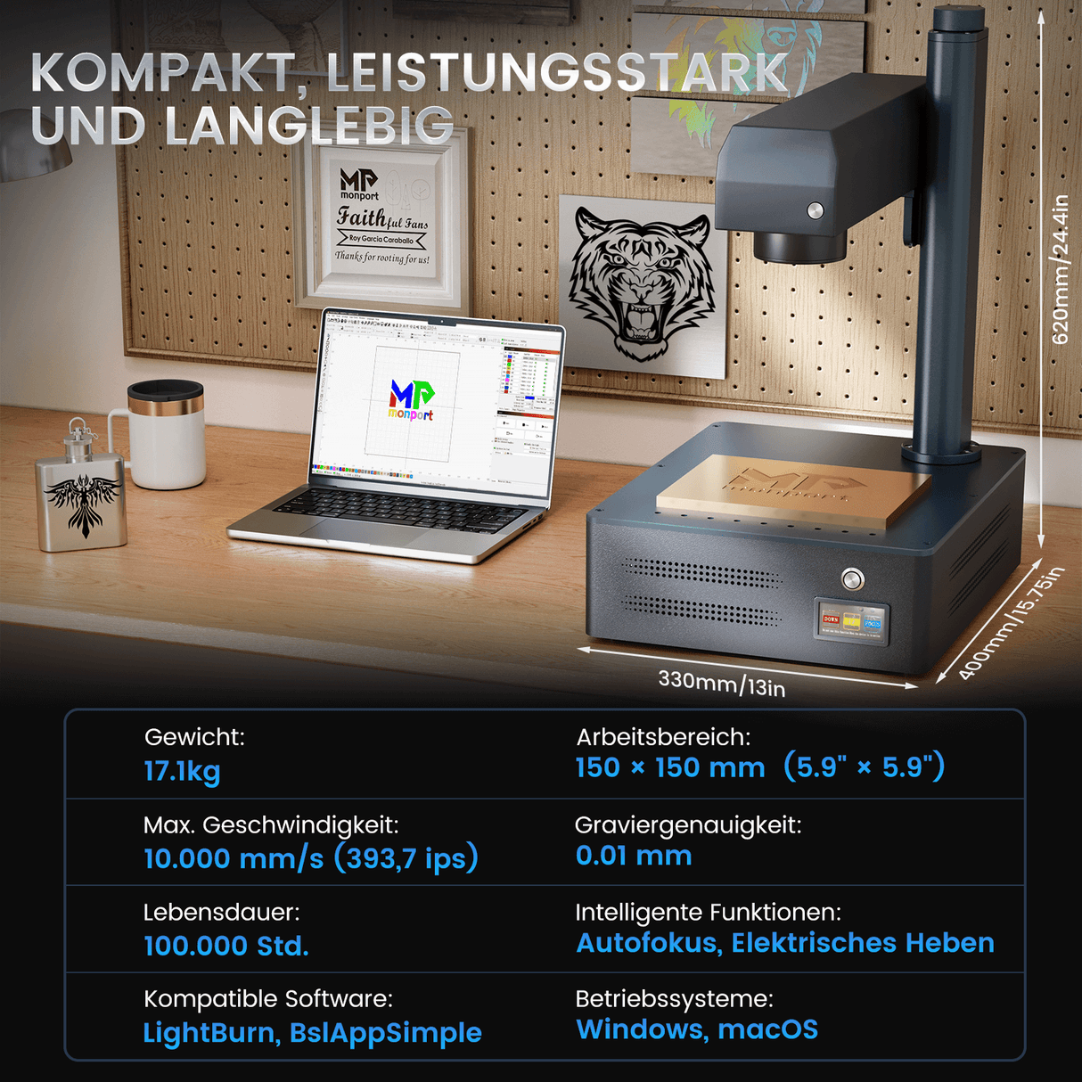 Monport GM 30W Pro Integrierte Faserlaser-Graviermaschine & Markiermaschine mit Autofokus - Maschine