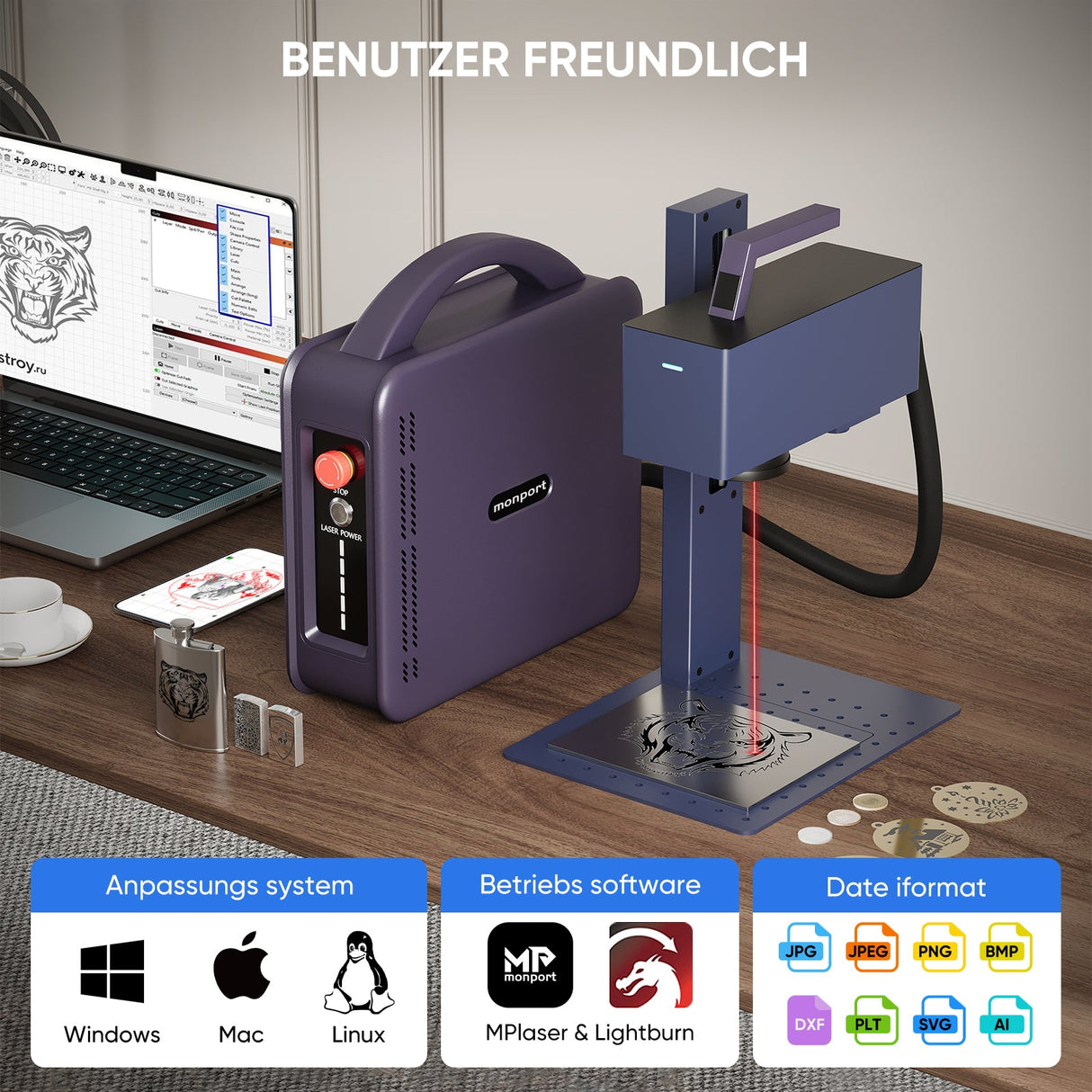 Monport 20W tragbarer Mini - Faser - Lasergravierer für farbige Metallbeschriftung - MonPortlaser.de