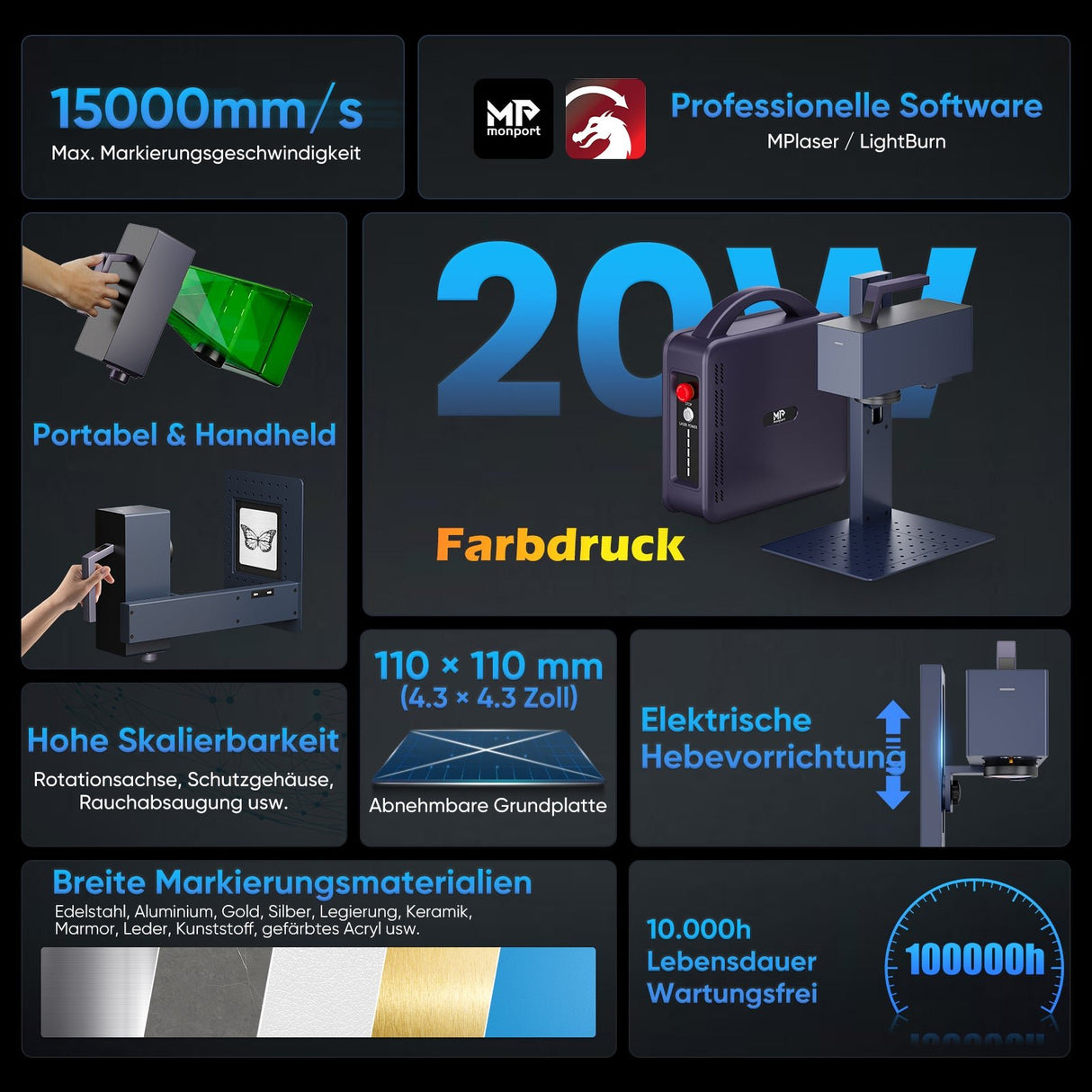 Monport 20W tragbarer Mini - Faser - Lasergravierer für farbige Metallbeschriftung - MonPortlaser.de