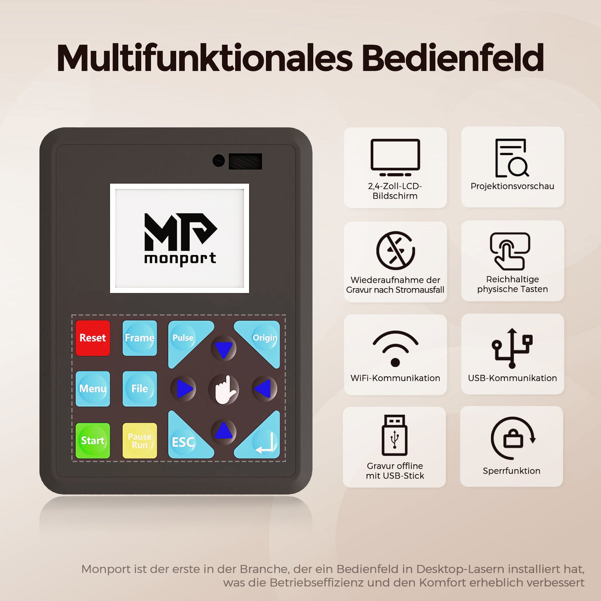 Monport Reno65 Pro 65W Desktop CO2 Lasergravierer & Schneidegerät (24” X 16“) mit brandneuem DSP Controller und Semi - Autofokus - MonPortlaser.de