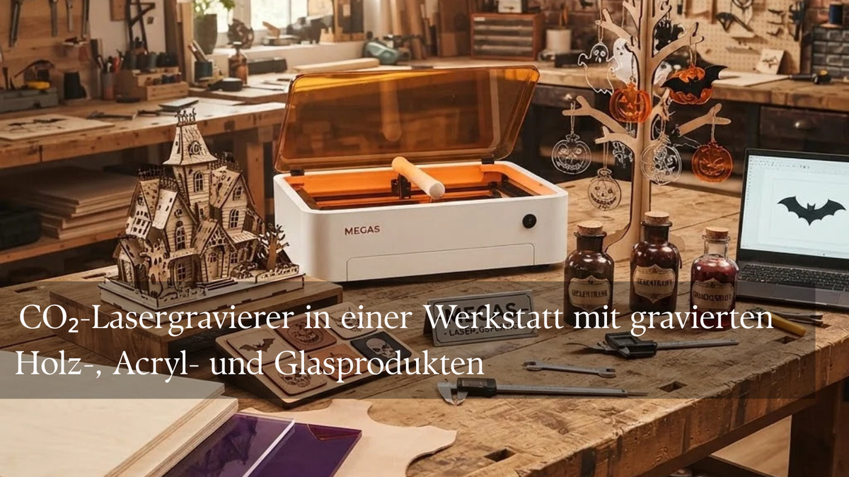 CO₂-Lasergravierer in einer Werkstatt mit gravierten Holz-, Acryl- und Glasprodukten