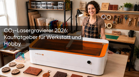 Frau in einer Kreativwerkstatt mit dem Monport MEGAS 70W CO₂-Lasergravierer, umgeben von gravierten Holzprodukten und DIY-Projekten.
