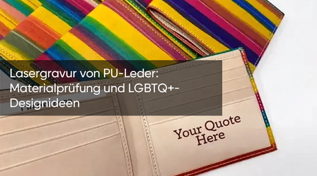 Geöffnete Geldbörse aus regenbogenfarbenem Kunstleder mit Kartenfächern und Schriftzug – Titelbild zu PU-Leder, Materialprüfung und LGBTQ+-Designideen für die Lasergravur.