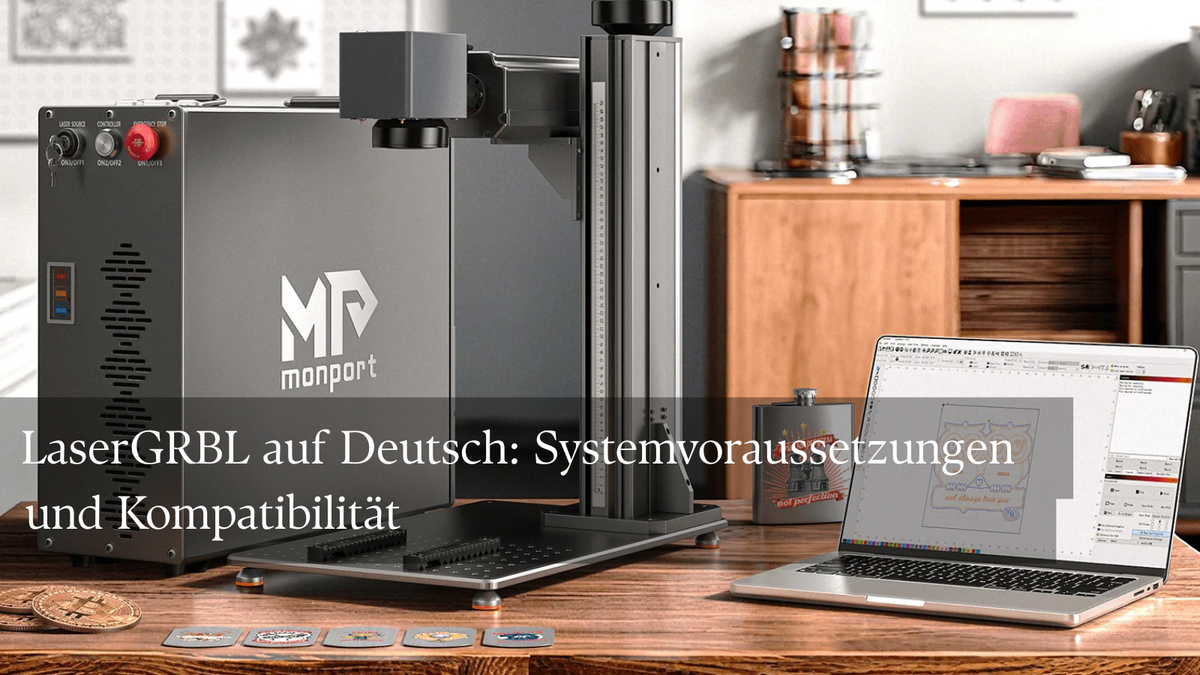 LaserGRBL-Software auf einem Laptop neben einem Lasergravierer in einer Werkstatt
