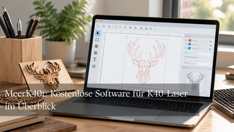Laptop mit schematischer Softwareoberfläche neben filigranen Holzgravuren