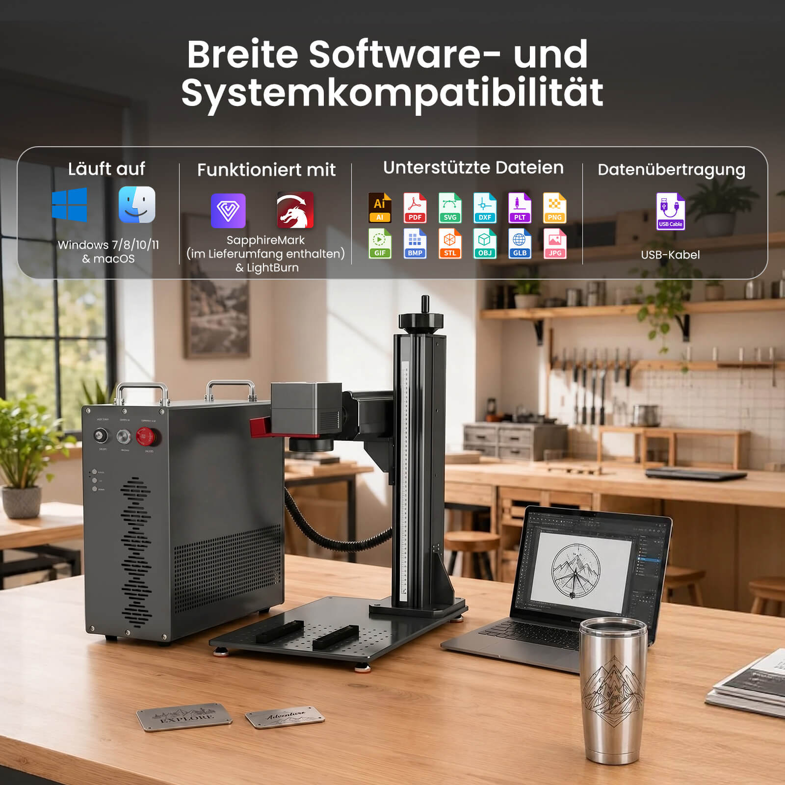 Monport GPro MOPA Faserlaser Maschine – Vision-System, automatische Positionierung, Metallgravur & Laserscheneiden Software Kompatibilitat