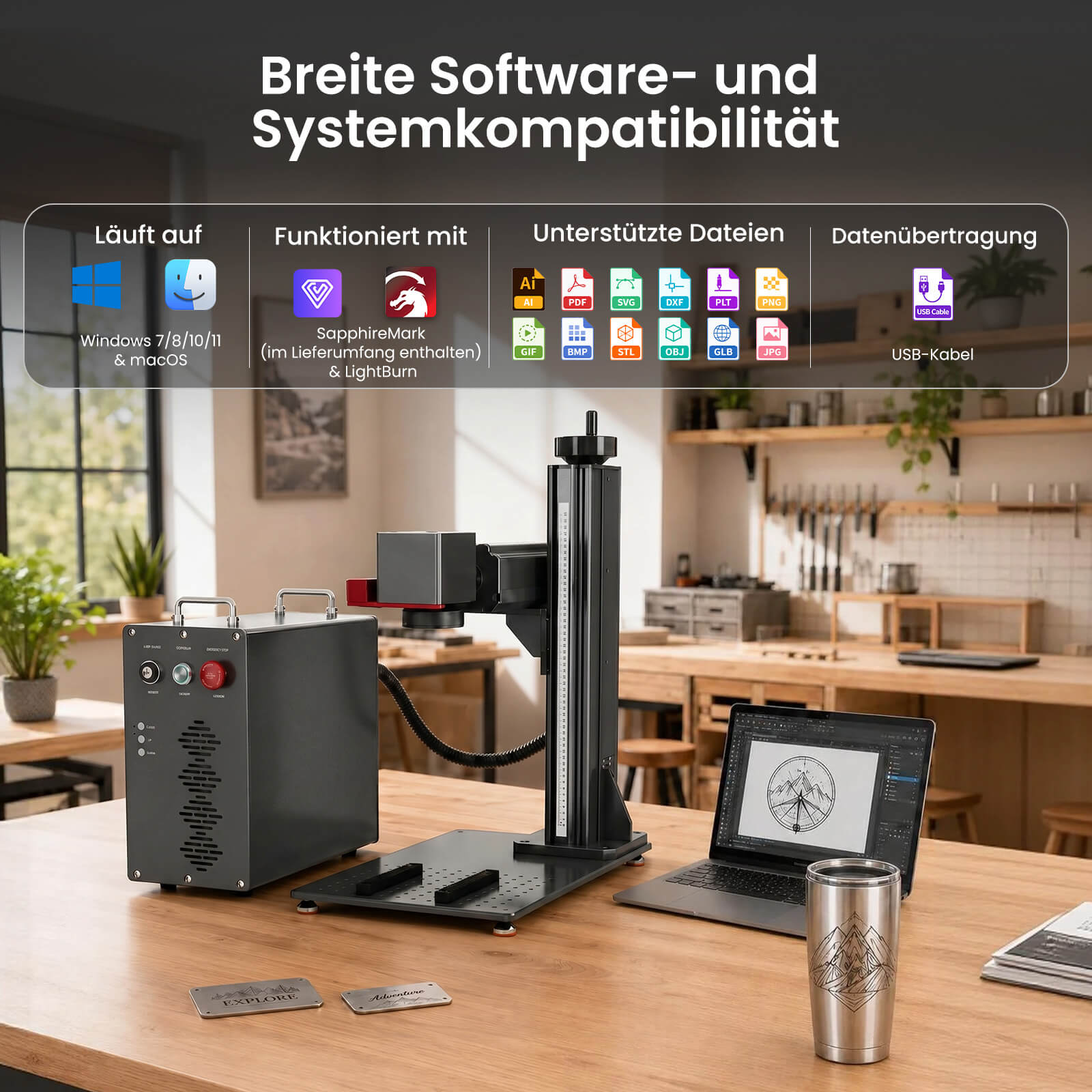 Monport GPro Vision 60W MOPA  Faserlaser Maschine – Mit Vision-System für automatische Positionierung, präzise Metallgravur & Laserbeschriftung