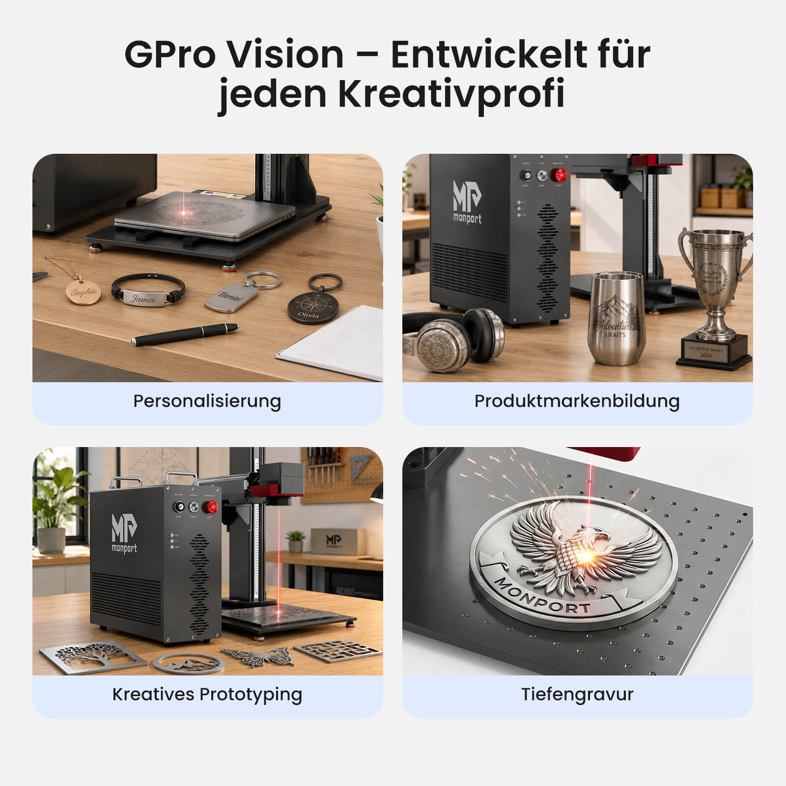 Monport GPro MOPA Faserlaser Maschine – Vision-System, automatische Positionierung, Metallgravur & Laserscheneiden Kreativeprofi