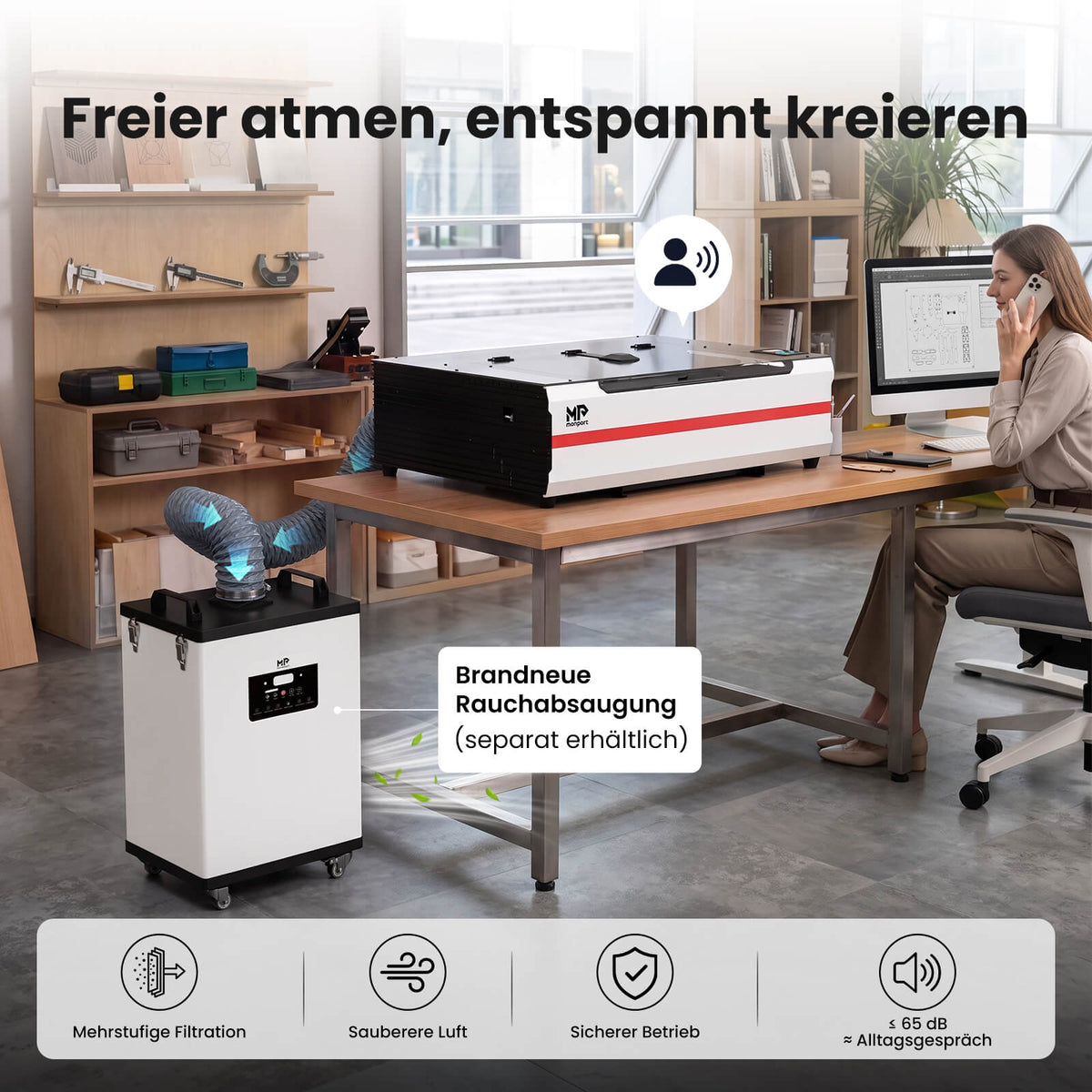 Monport Reno65 Pro Vision 65W Desktop CO₂ Lasergravierer & Laserschneider (24" x 16") mit 8MP HD-Kamera, magnetischem Autofokus und integriertem Wasserkühlsystem