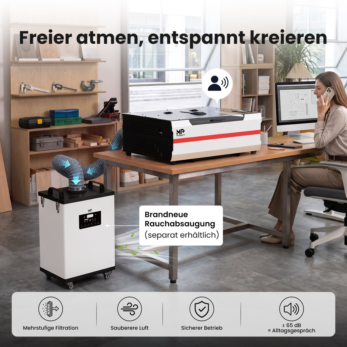 Monport Reno45 Pro Vision 45W Desktop CO₂-Lasergravierer und -Schneider (16" x 12") mit 8MP HD-Kamera, Assistierter Autofokus-Unterstützung und integrierter Wasserkühlung