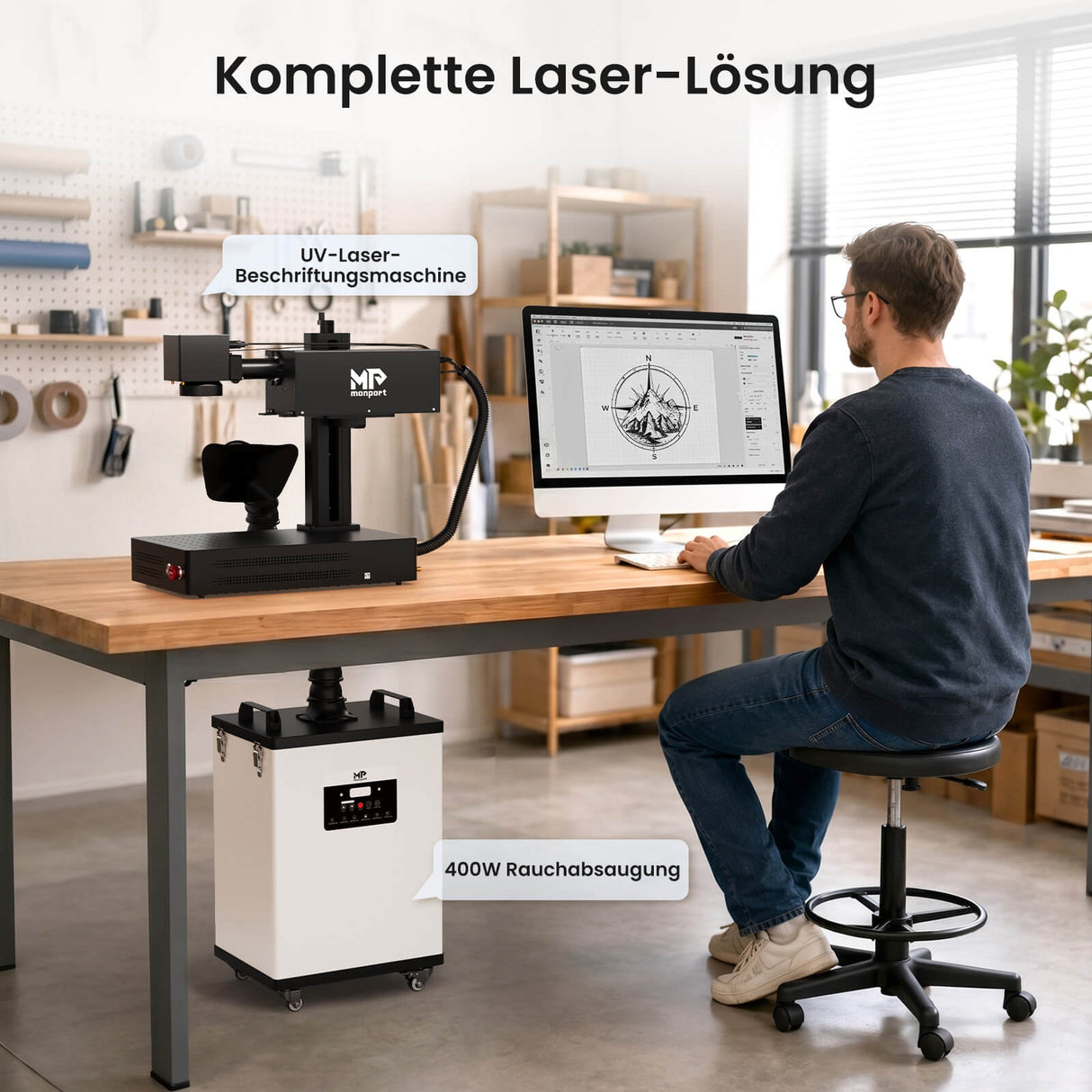 Monport 400W Laserrauchabsauganlage mit 8-stufigem Filtersystem – Für CO₂-Lasergravier- und Schneidemaschinen