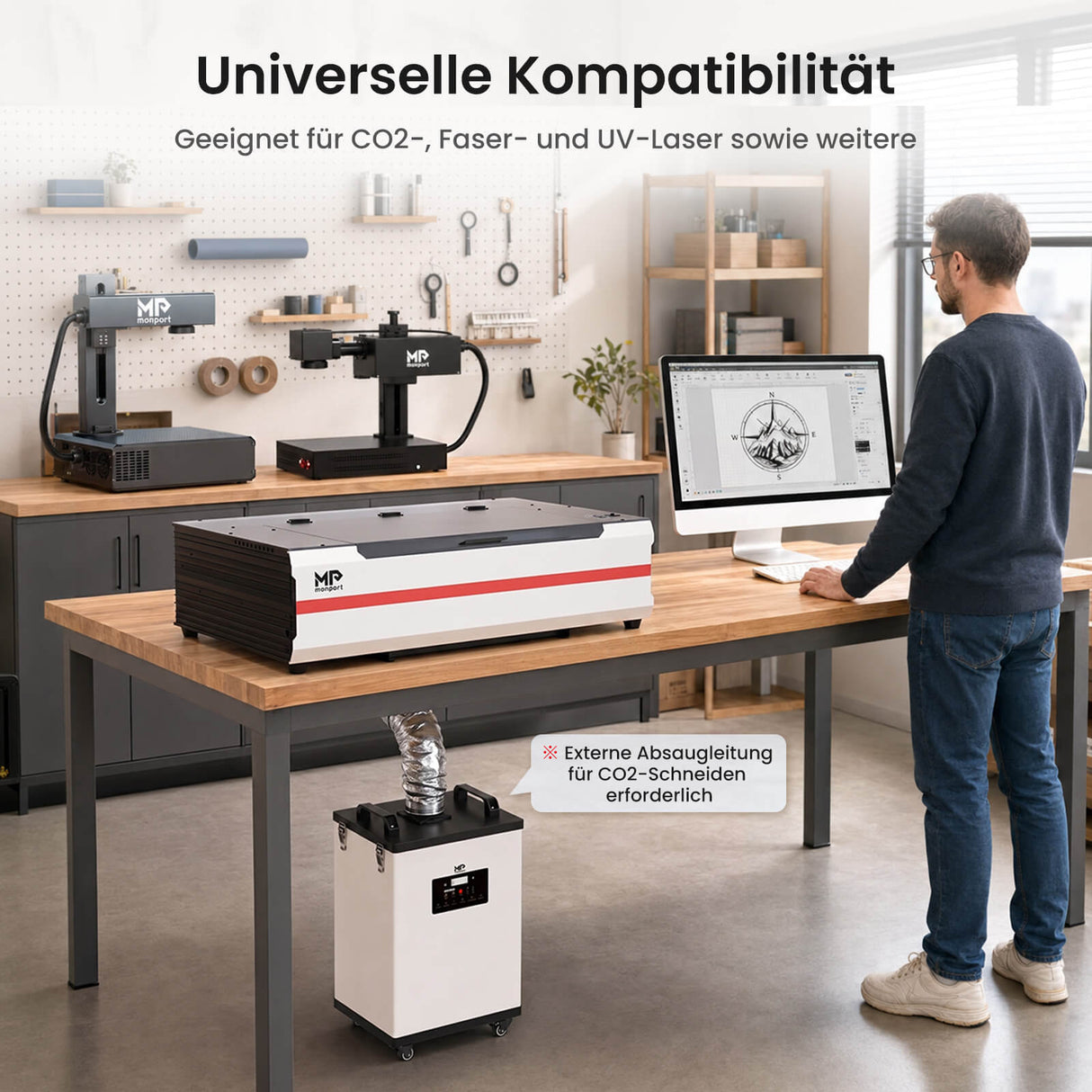 Monport 400W Laserrauchabsauganlage mit 8-stufigem Filtersystem – Für CO₂-Lasergravier- und Schneidemaschinen