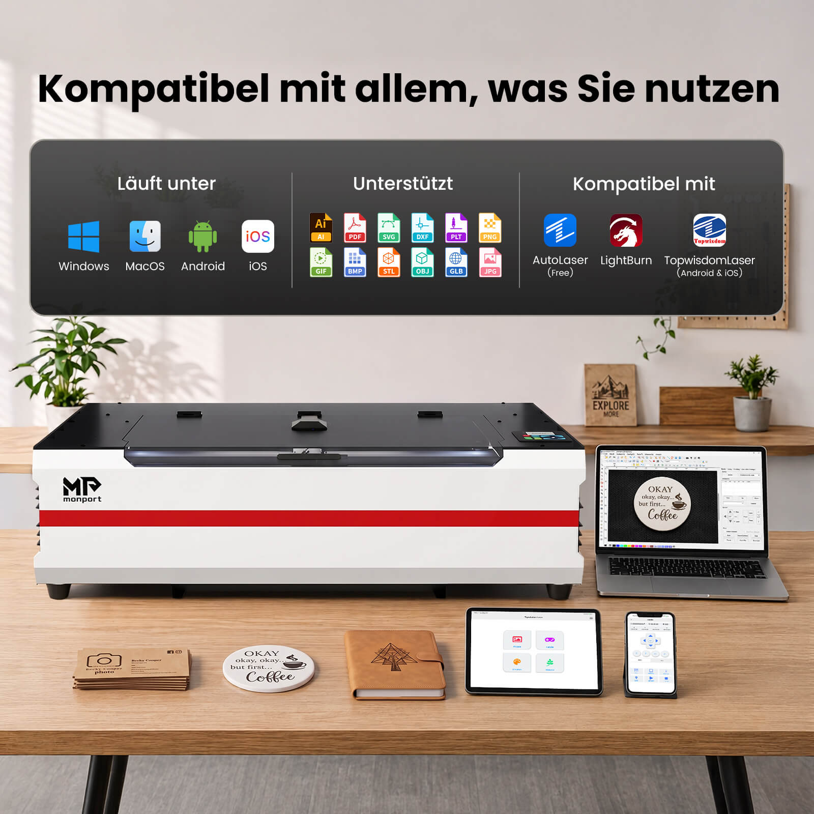 Monport Reno65 Pro Vision 65W Desktop CO₂ Lasergravierer & Laserschneider (24