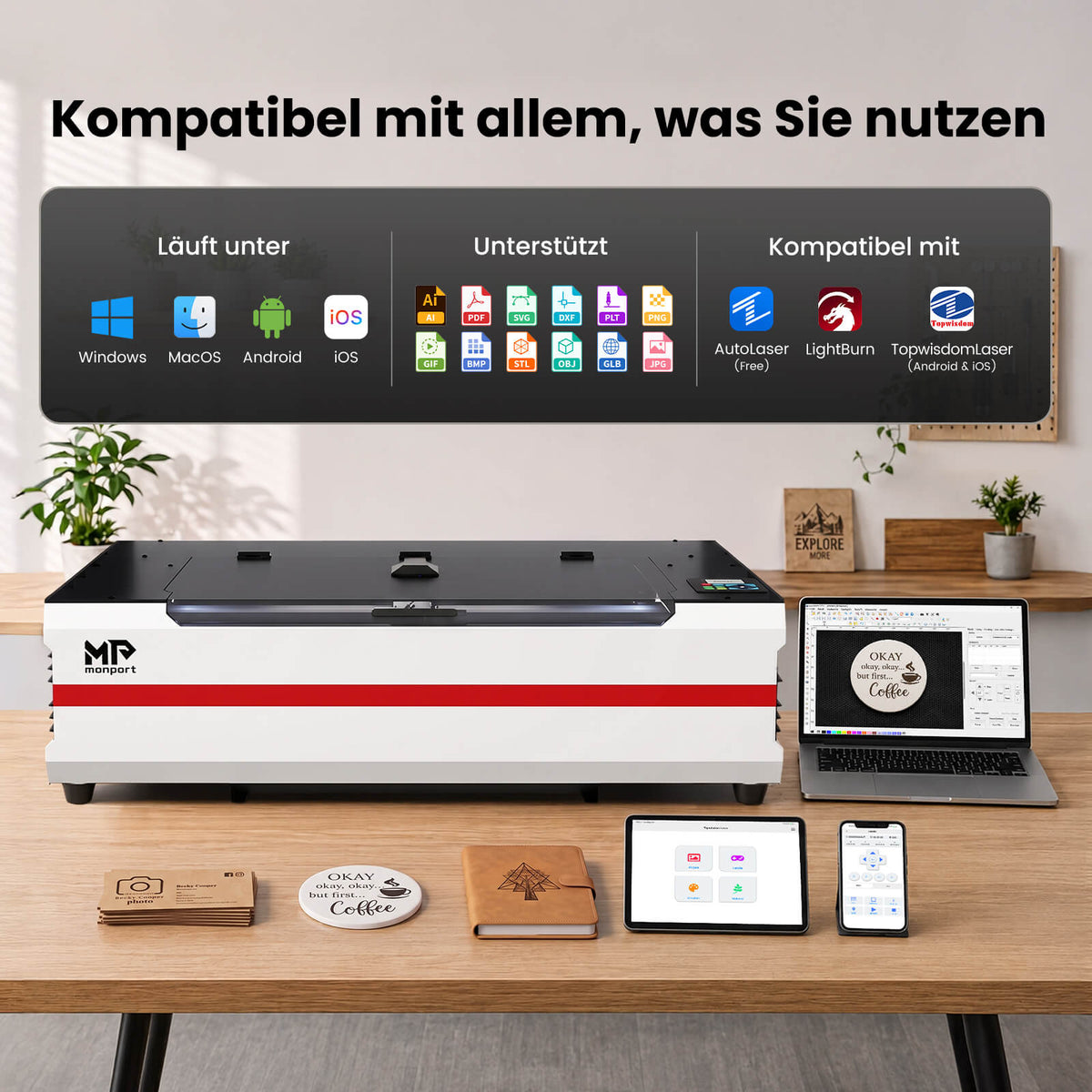 Monport Reno65 Pro Vision 65W Desktop CO₂ Lasergravierer & Laserschneider (24" x 16") mit 8MP HD-Kamera, magnetischem Autofokus und integriertem Wasserkühlsystem