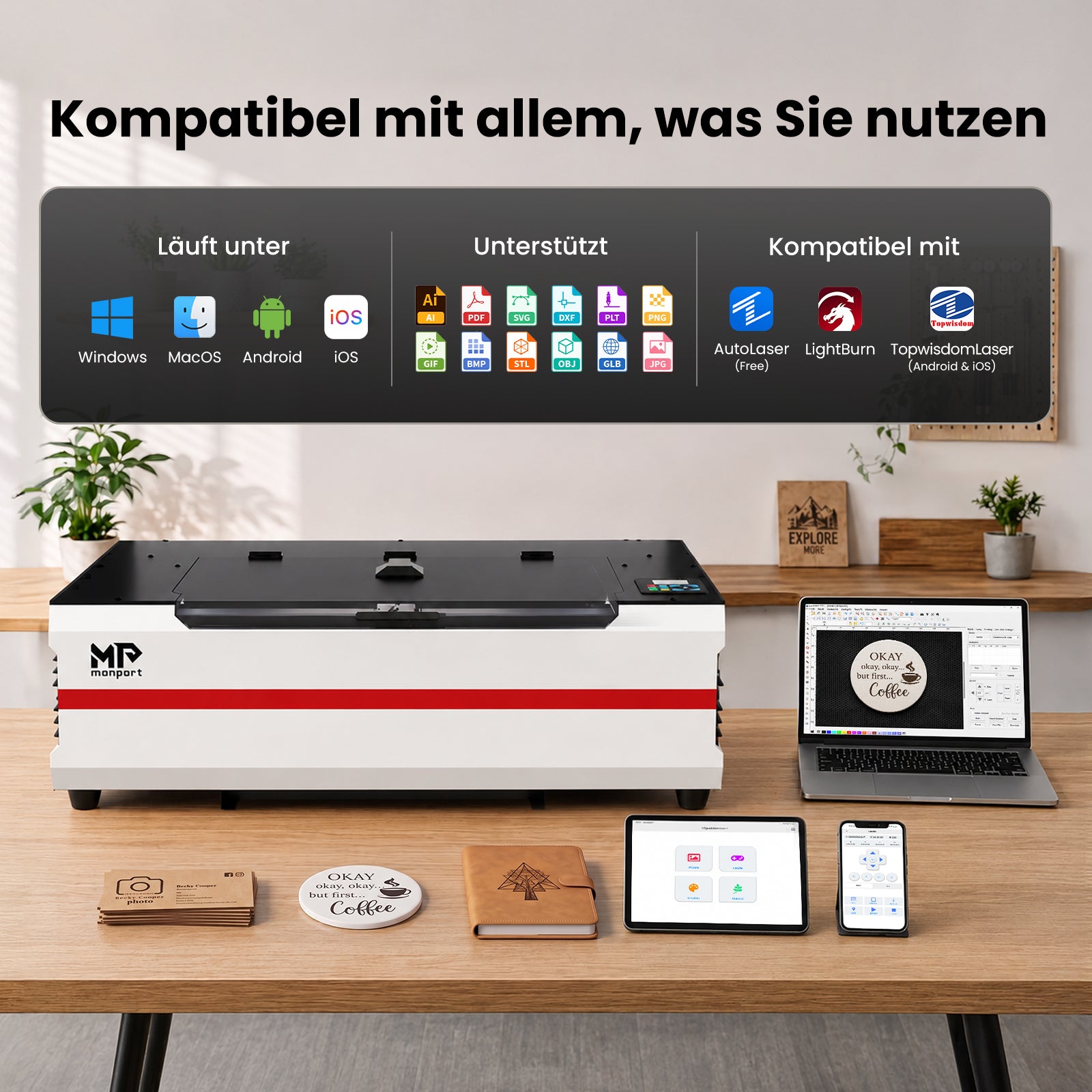 Monport Reno45 Pro Vision 45W Desktop CO₂-Lasergravierer und -Schneider (16