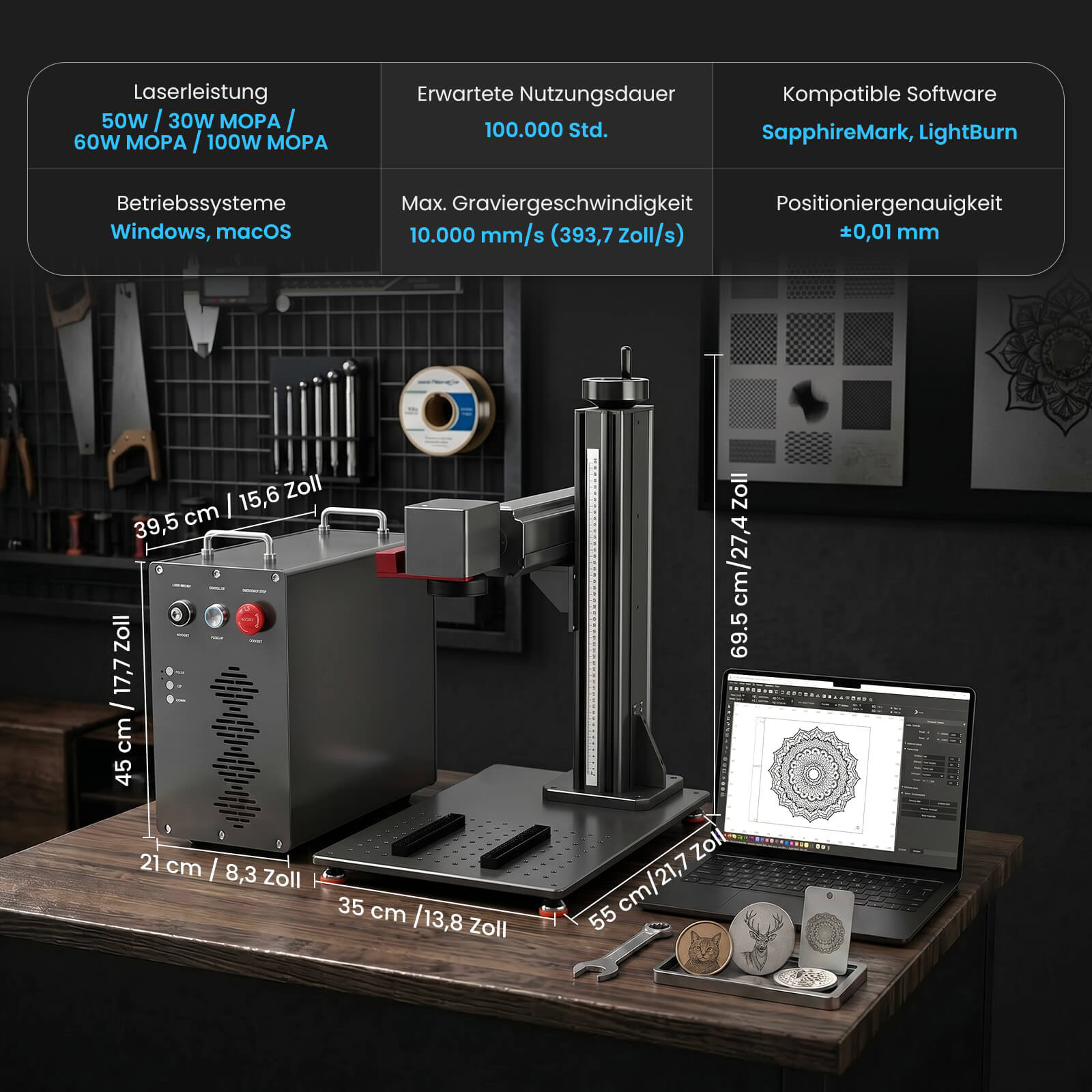 Monport GPro Vision 60W MOPA  Faserlaser Maschine – Mit Vision-System für automatische Positionierung, präzise Metallgravur & Laserbeschriftung