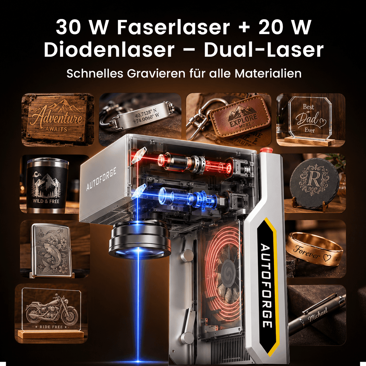 Monport AutoForge Dual-Laser Lasergraviermaschine mit 30W Faserlaser & 20W Diodenlaser – Präzise und tragbare Lasergravurmaschine