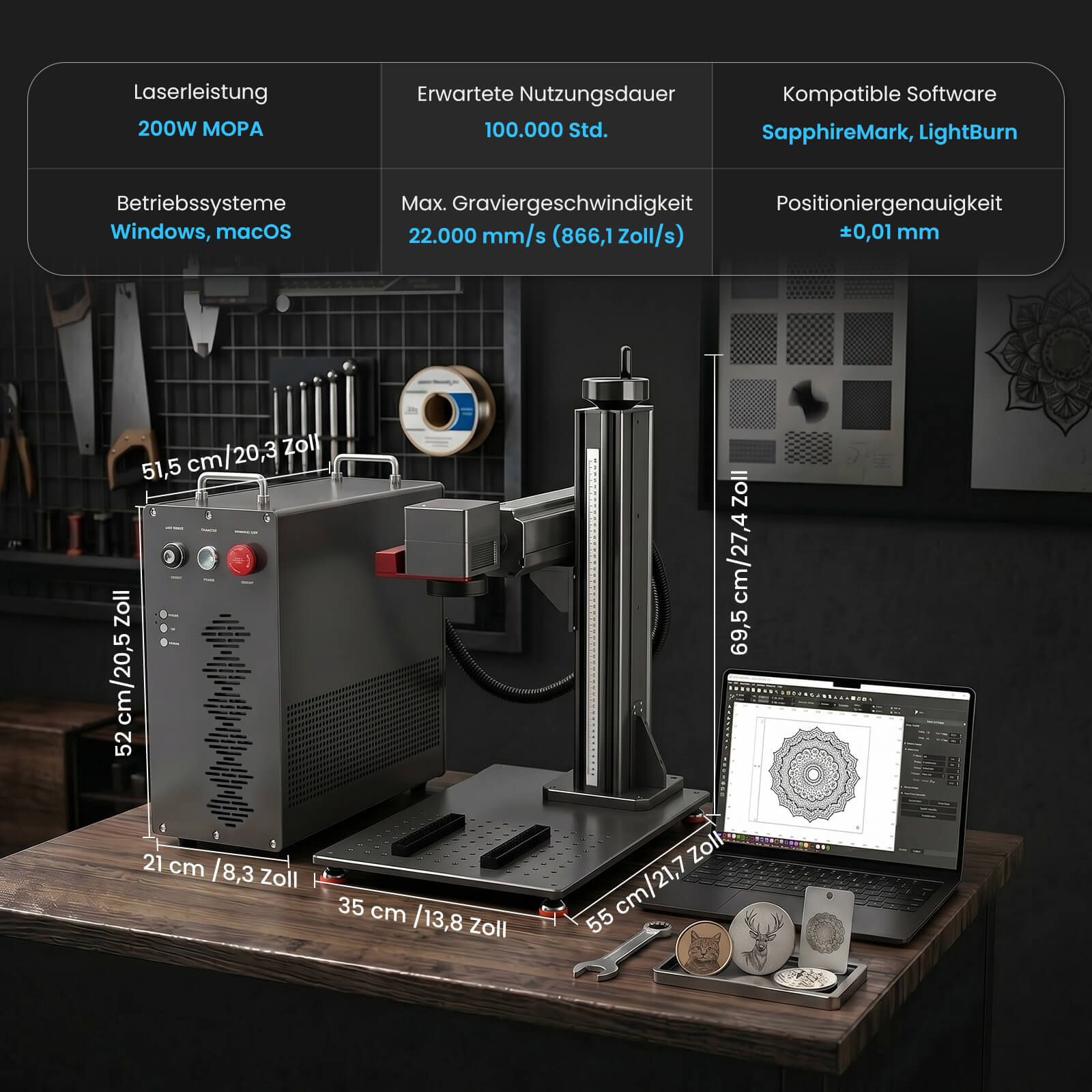 Monport GPro MOPA Faserlaser Maschine – Vision-System, automatische Positionierung, Metallgravur & Laserscheneiden