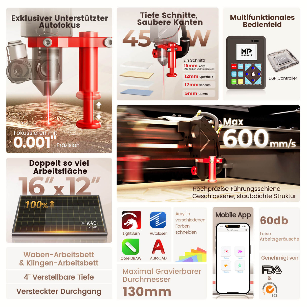 Monport Reno45 Pro 45W Desktop CO2-Lasergravierer und -schneider (16" x 12") mit brandneuem Assistierter Autofokus