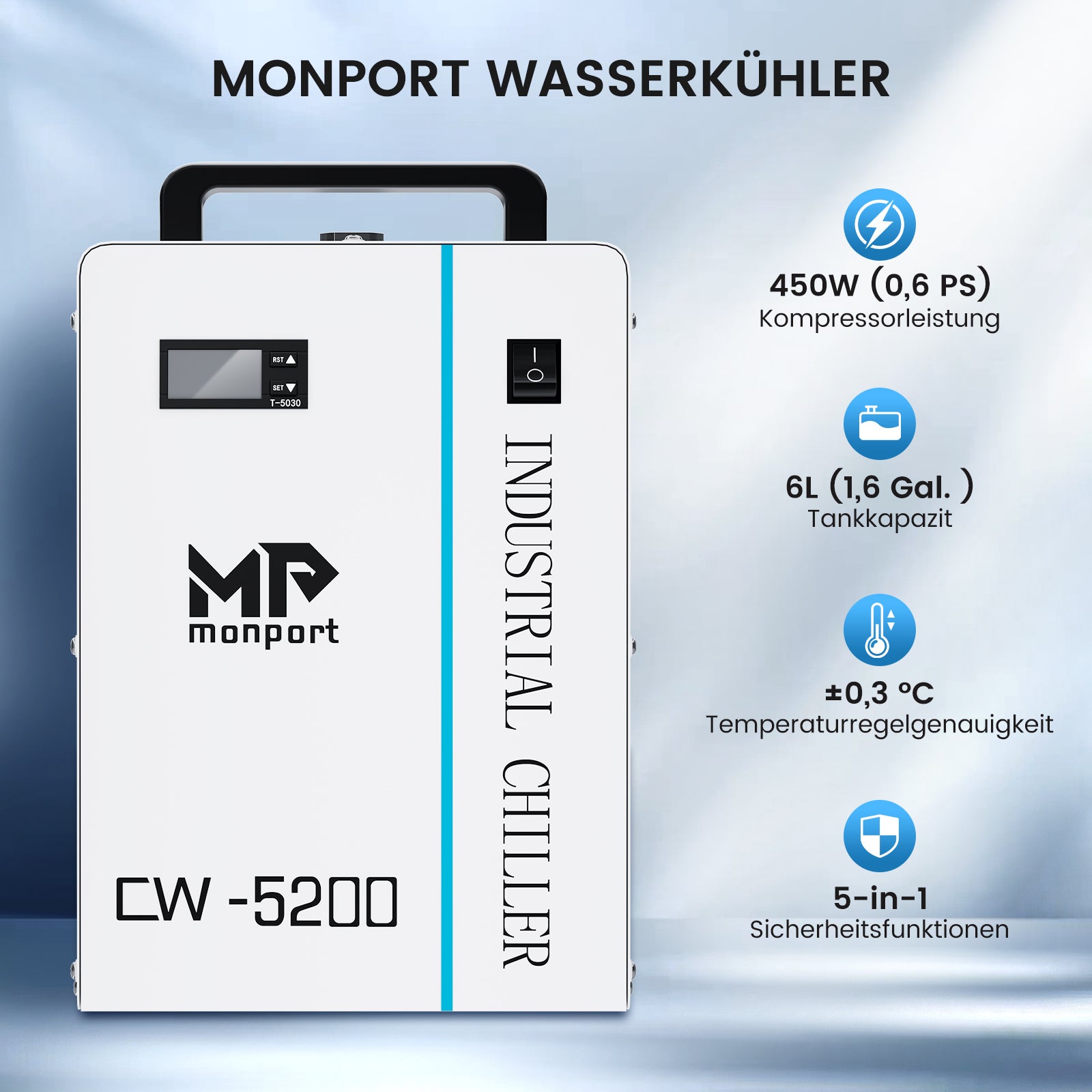 Monport 6L CW-5200 Industrieller Wasserkühler & Chiller für 40W-150W CO2 Laser Cutter