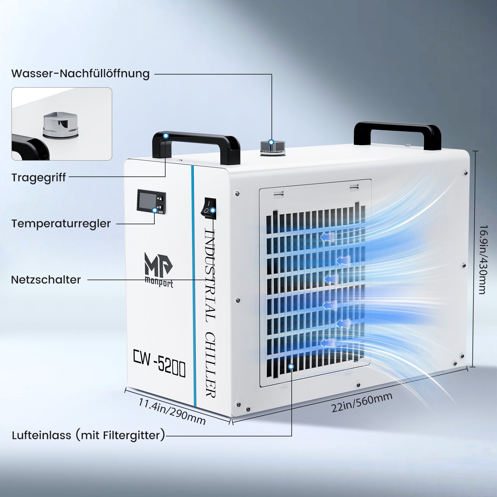 Monport 6L CW-5200 Industrieller Wasserkühler & Chiller für 40W-150W CO2 Laser Cutter