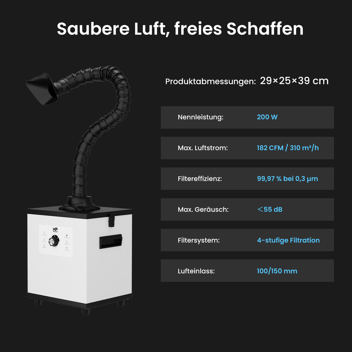 Monport 200W Laserabsaugung mit 4-Schicht-Filter für CO2- und Faser-Lasergravierer