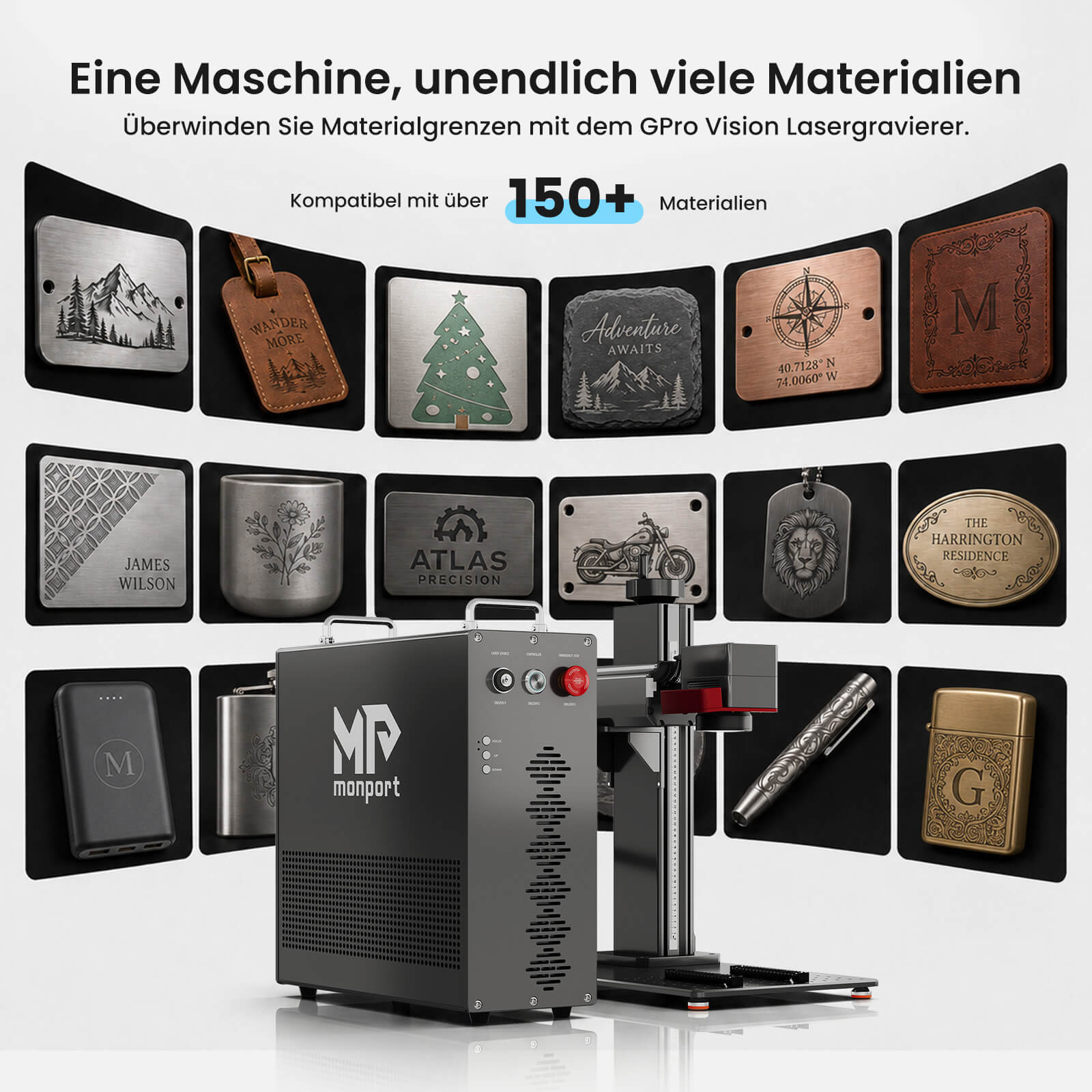 Monport GPro MOPA Faserlaser Maschine – Vision-System, automatische Positionierung, Metallgravur & Laserscheneiden Materialien