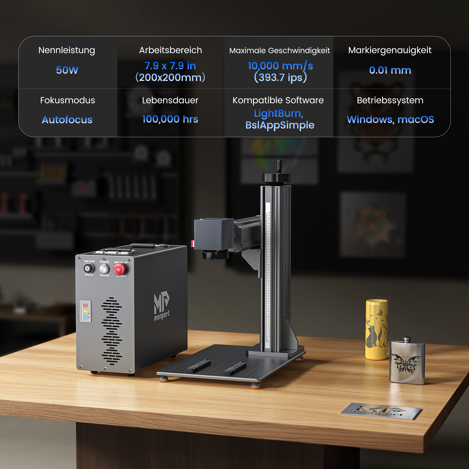 Monport GT 100W Getrennte MOPA-Faserlaser-Gravier- und Farbmarkiermaschine mit Autofokus – Gerät