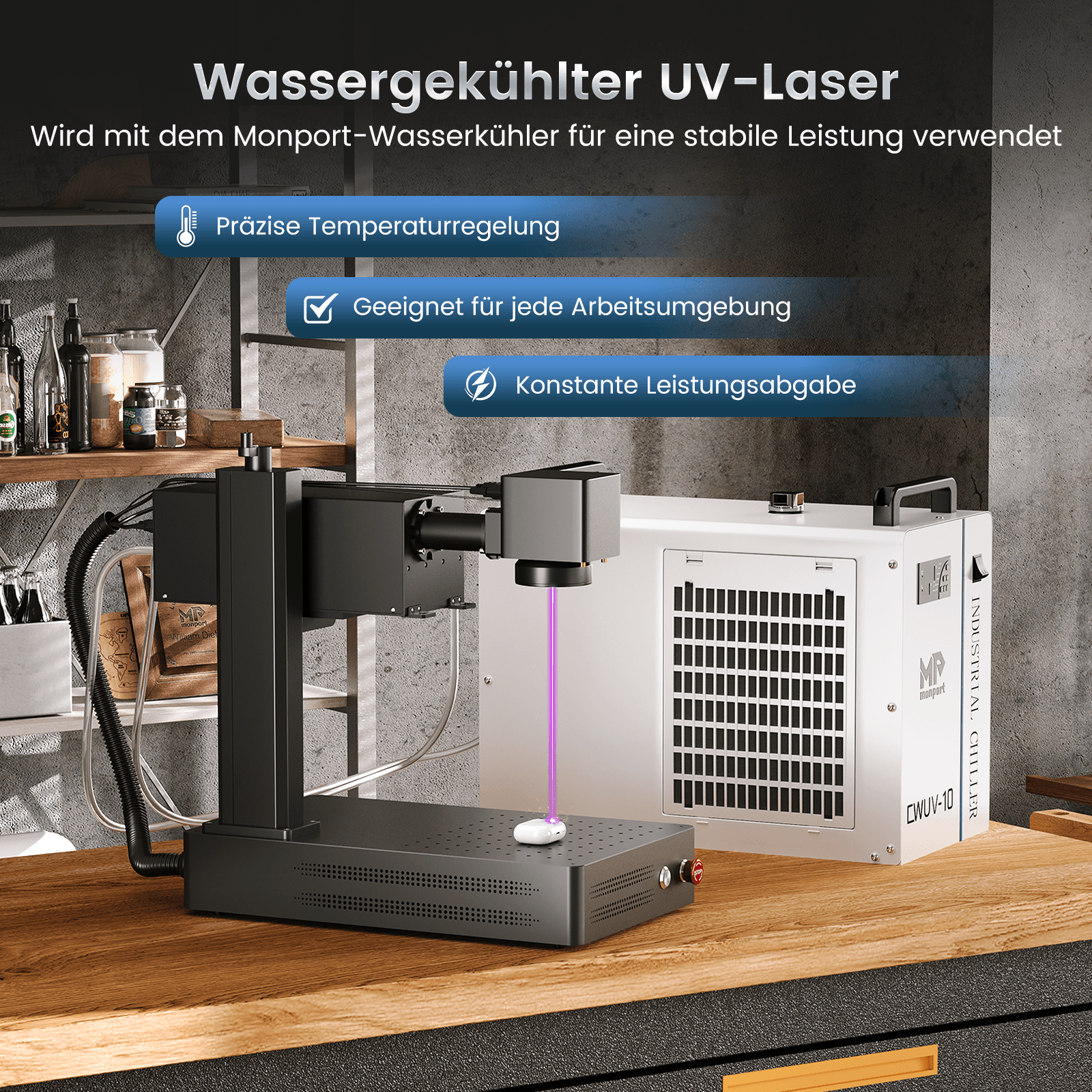 Monport 10W UV-Beschriftungslaser – Präzise UV-Lasergravur für vielfältige Materialien
