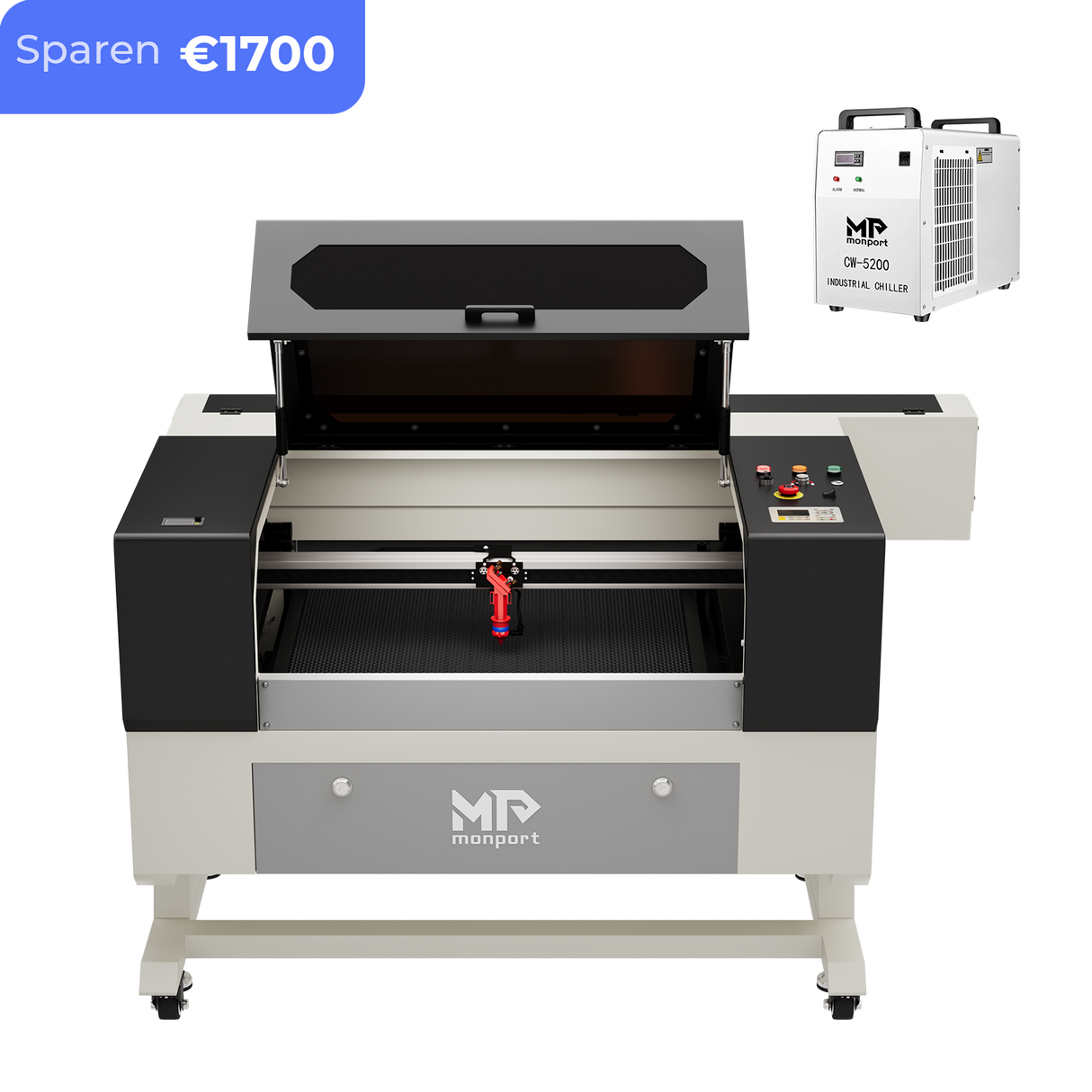 Monport 90W CO2 Laser Graviermaschine & Cutter (500x700mm) Autofokus mit Halterung und Wasserkühler