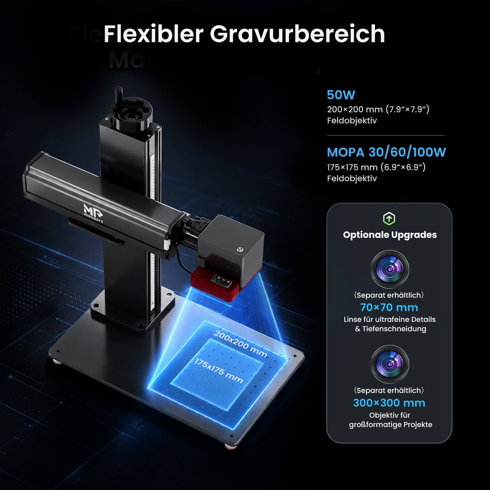 Monport GPro Vision 60W MOPA  Faserlaser Maschine – Mit Vision-System für automatische Positionierung, präzise Metallgravur & Laserbeschriftung