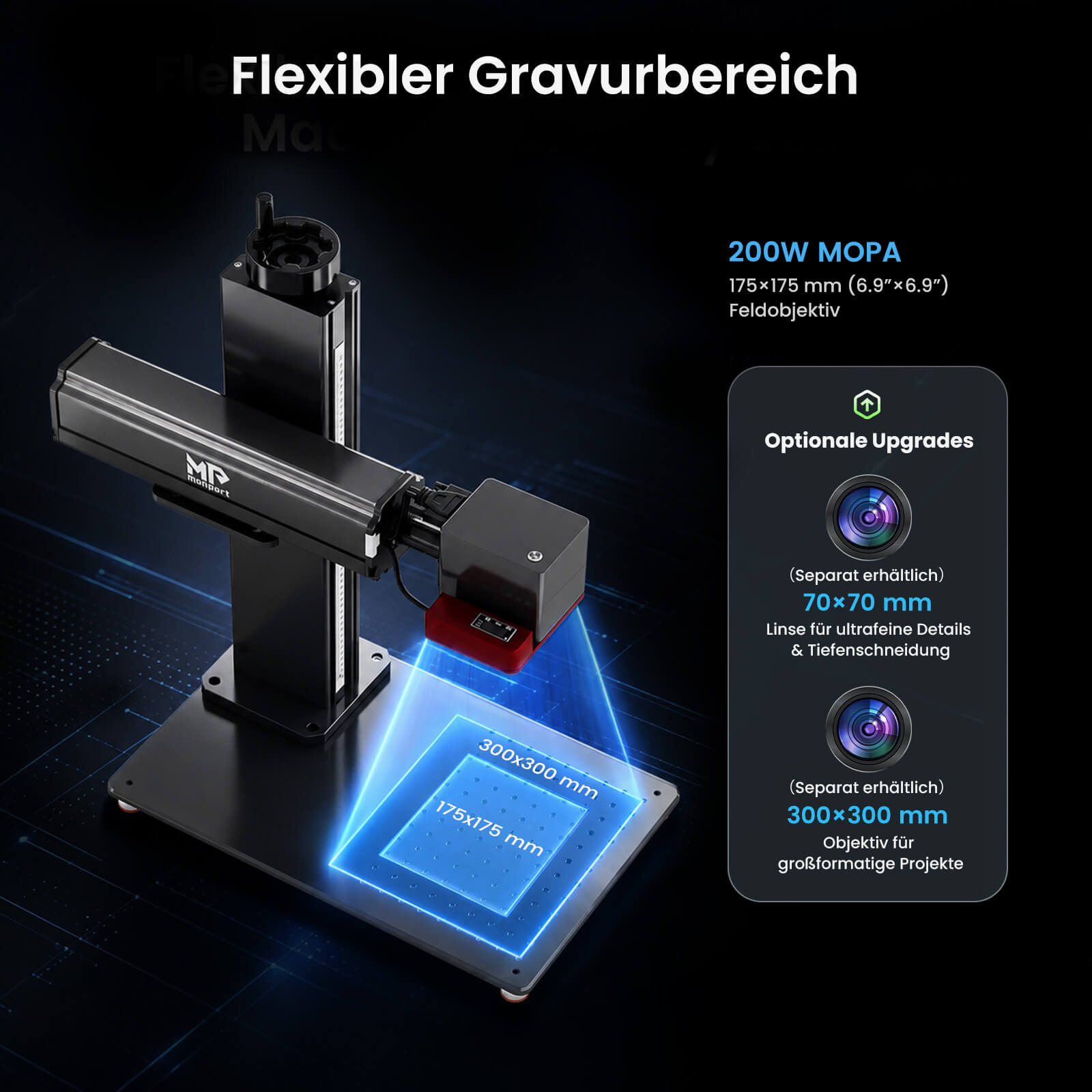 Monport GPro Vision 200W MOPA  Faserlaser Maschine – Mit Vision-System für automatische Positionierung, präzise Metallgravur & Laserbeschriftung