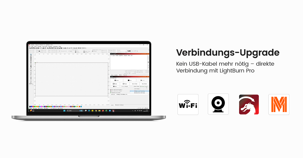 Kabellos/direkt verbunden mit LightBurn Pro, effizientere Bedienung