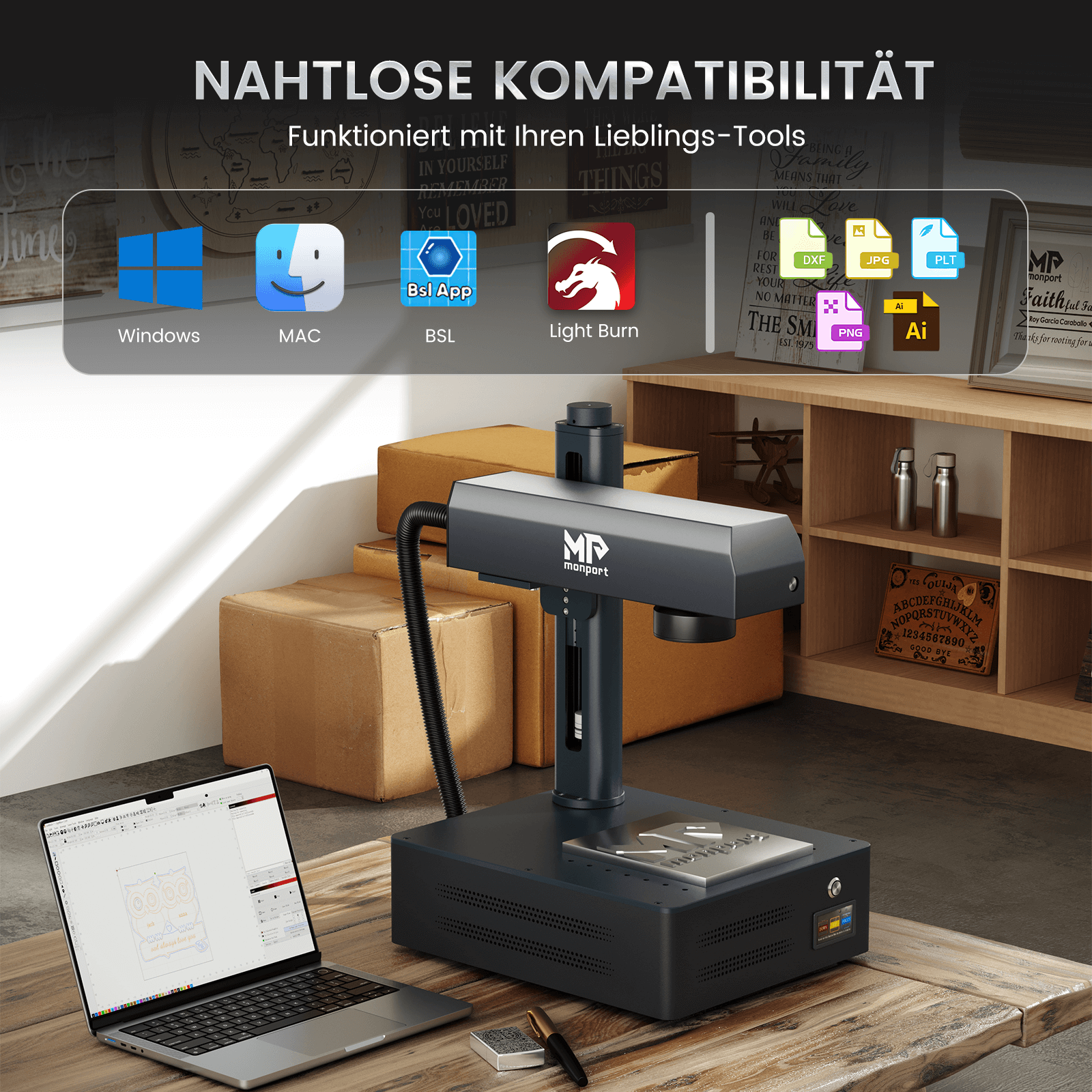 Monport GM 50W Pro Integrierte Faserlaser-Graviermaschine & Markiermaschine mit Autofokus - Maschine
