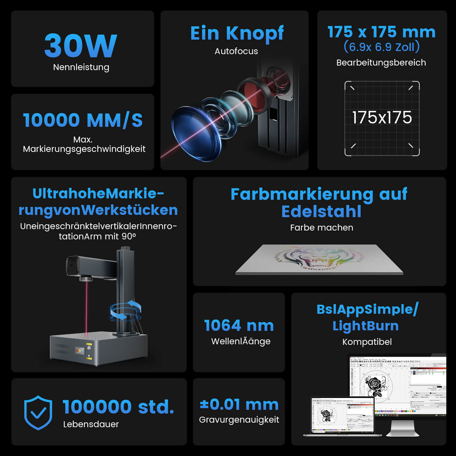 Monport GA Verbesserte 30W/60W Integrierte MOPA Faserlasergravierer & Markiermaschinen mit Autofokus
