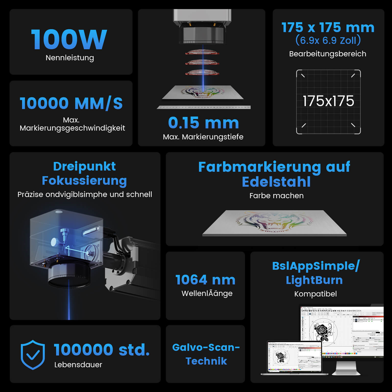 Monport 100W (175 x 175 mm) GPro MOPA Faserlaser Gravier & Markiermaschine mit manuellem Fokus